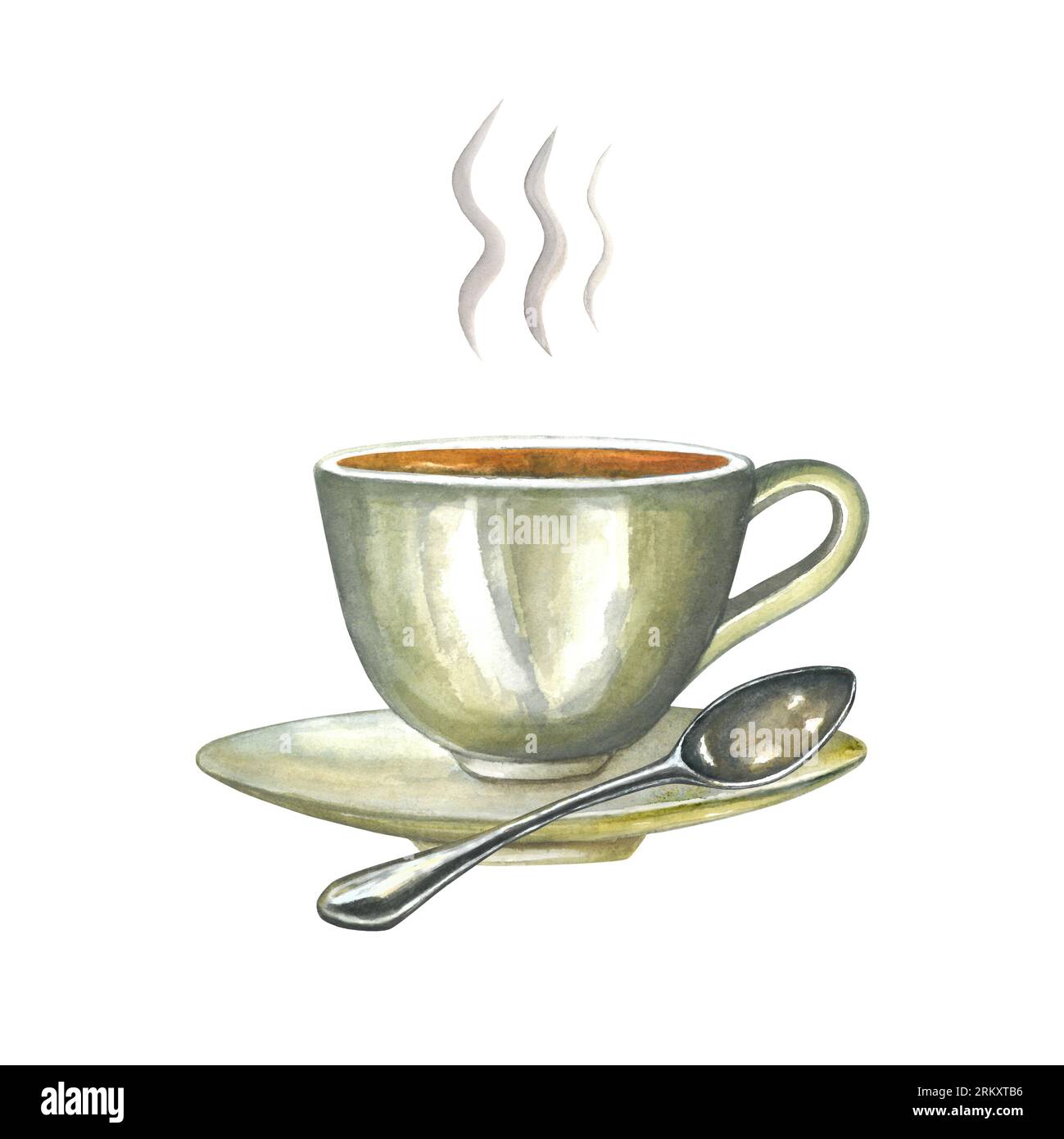 Aquarell Illustrationen Zusammensetzung Porzellan heißer Teetasse mit Untertasse, Löffel und Dampf isoliert auf weißem Hintergrund handgezeichnet Stockfoto