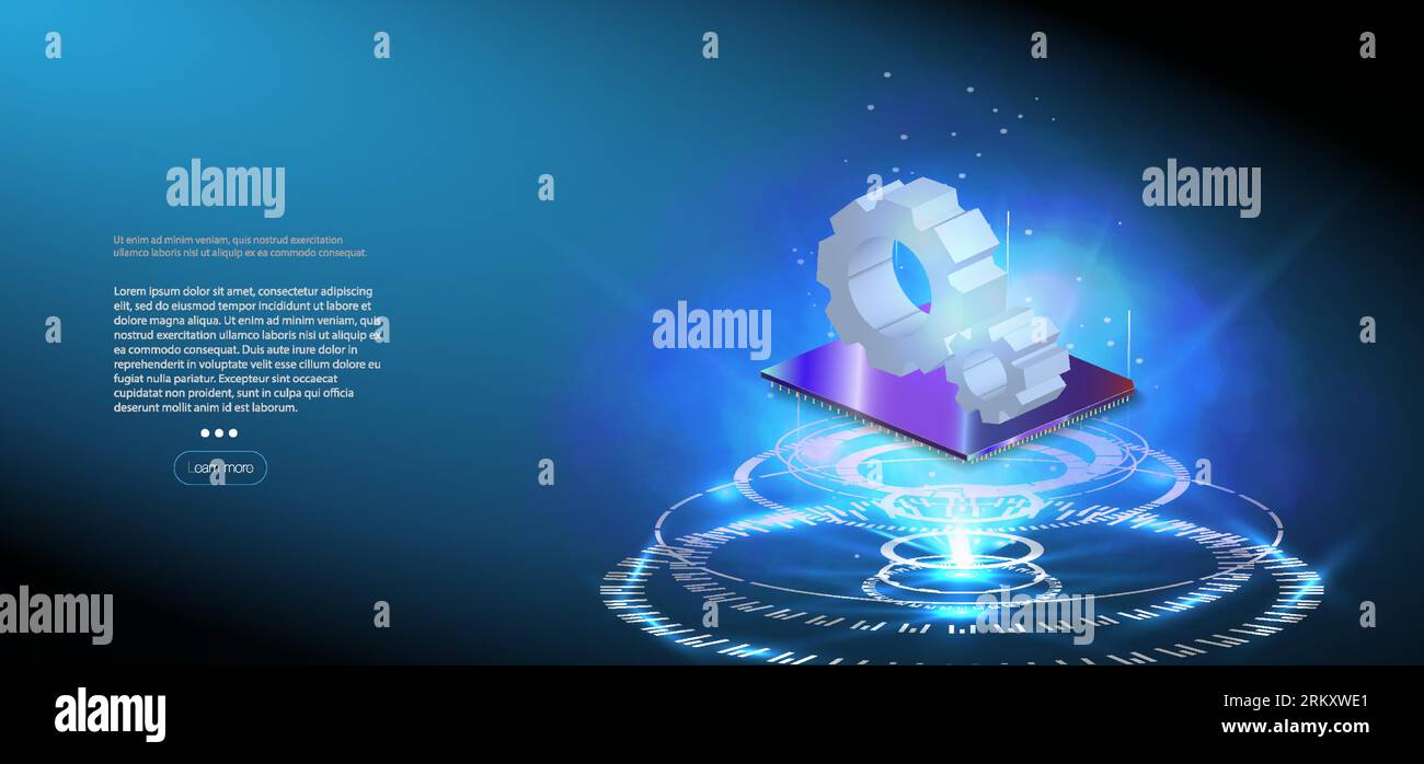 processor with lights on the blue background. Quantum computer, large data processing, database concept. CPU isometric banner. Central Computer Proces Stock Vektor