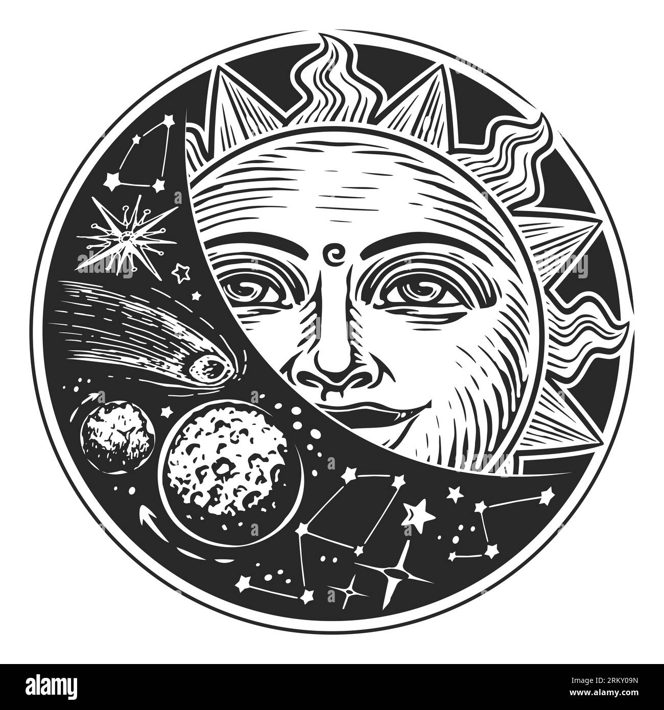 Sonne und Sterne im Weltraum. Astrologiekonzept. Illustration im Vintage-Stil Stockfoto