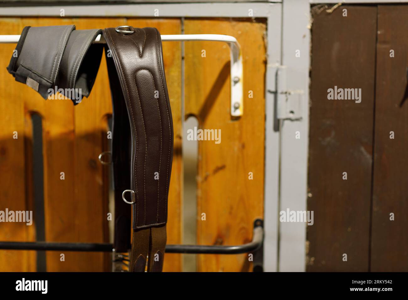 Schutzhufe und Gurtsattel im Stall. Stockfoto