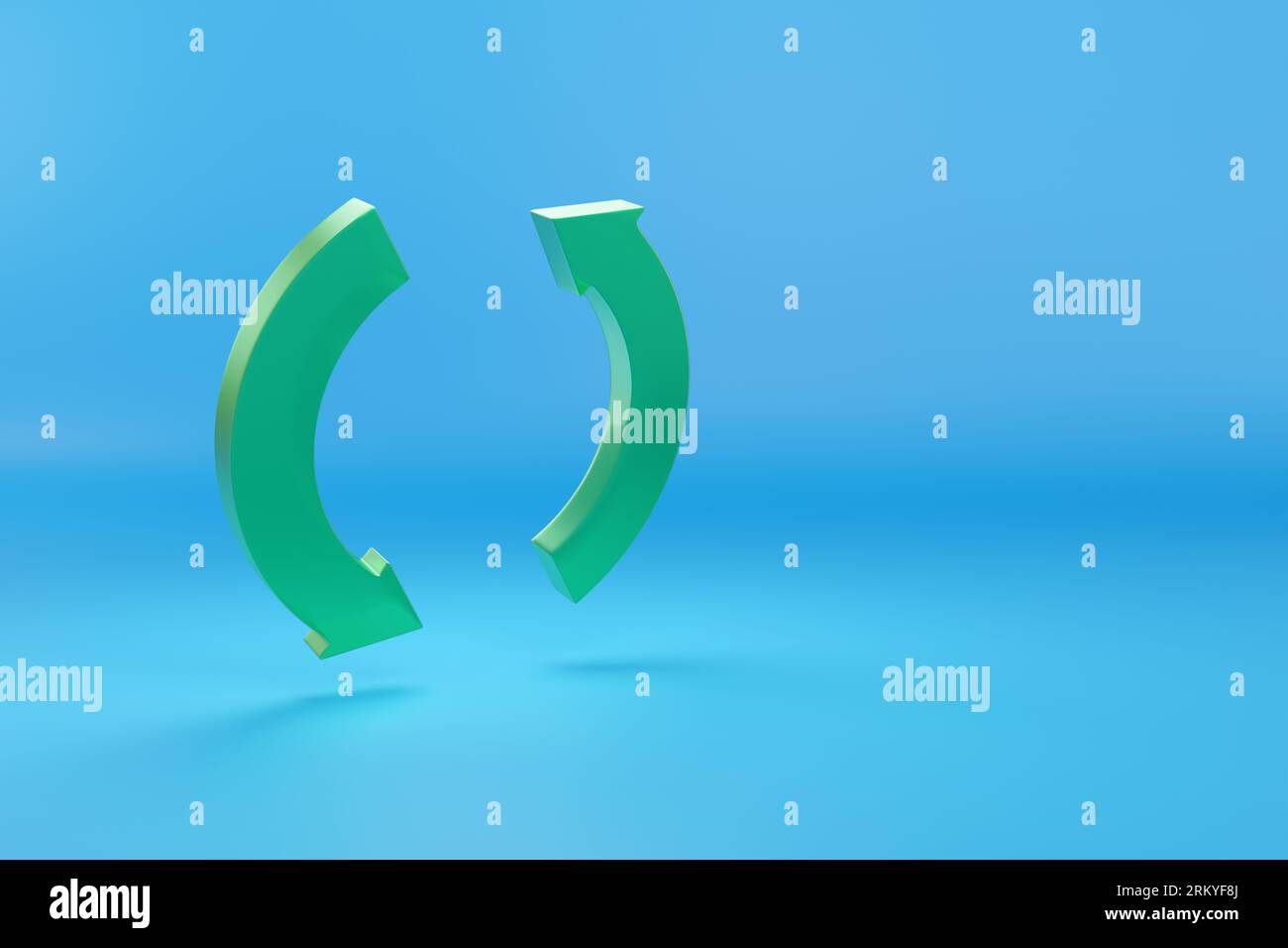 Grünes Aktualisierungssymbol auf blauem Hintergrund mit Kopierraum. 3D-Abbildung. Stockfoto