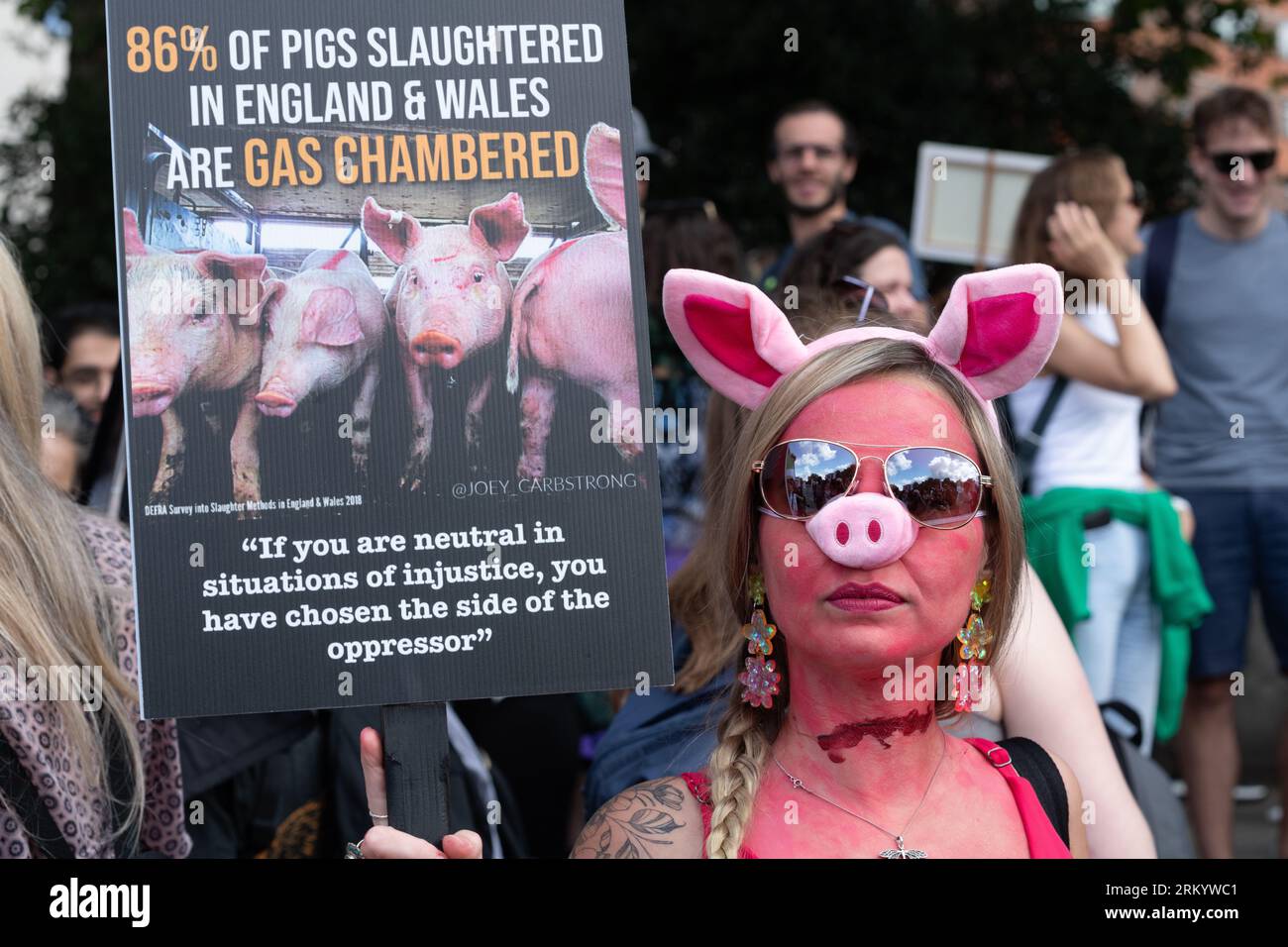 London, Großbritannien. 26. August 2023. Volksaktivisten im märz, vom Marble Arch bis zum Parliament Square, fördern das Wohlergehen der Tiere, bekämpfen Tierausbeutung und Grausamkeit aus ethischen und ökologischen Gründen und fordern ein pflanzenbasiertes Lebensmittelsystem. Quelle: Ron Fassbender/Alamy Live News Stockfoto