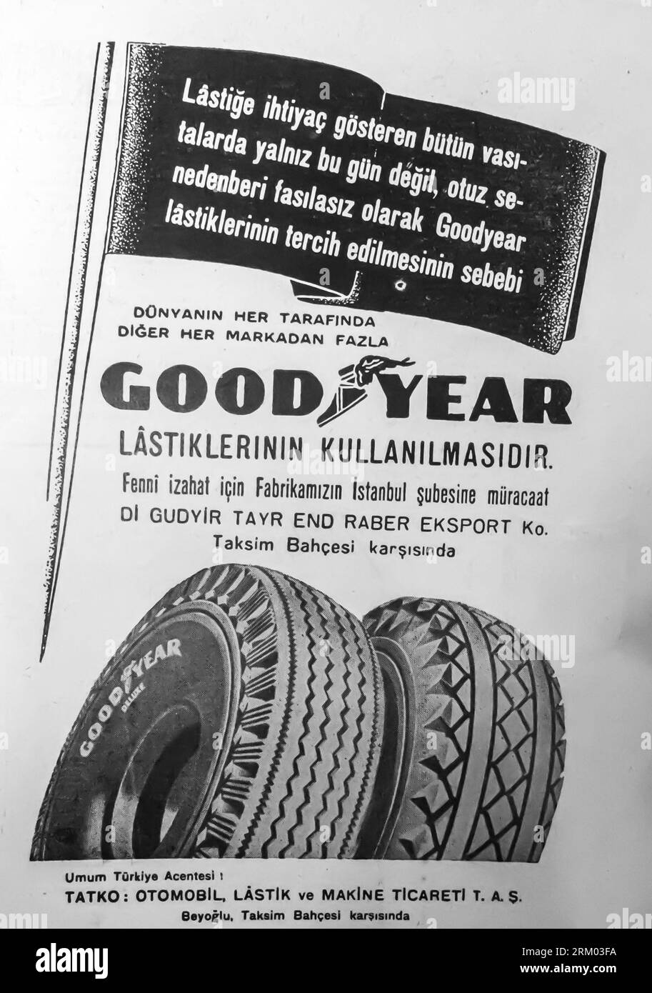 Goodyear-Reifen-Werbung im türkischen Magazin 1946 Stockfoto