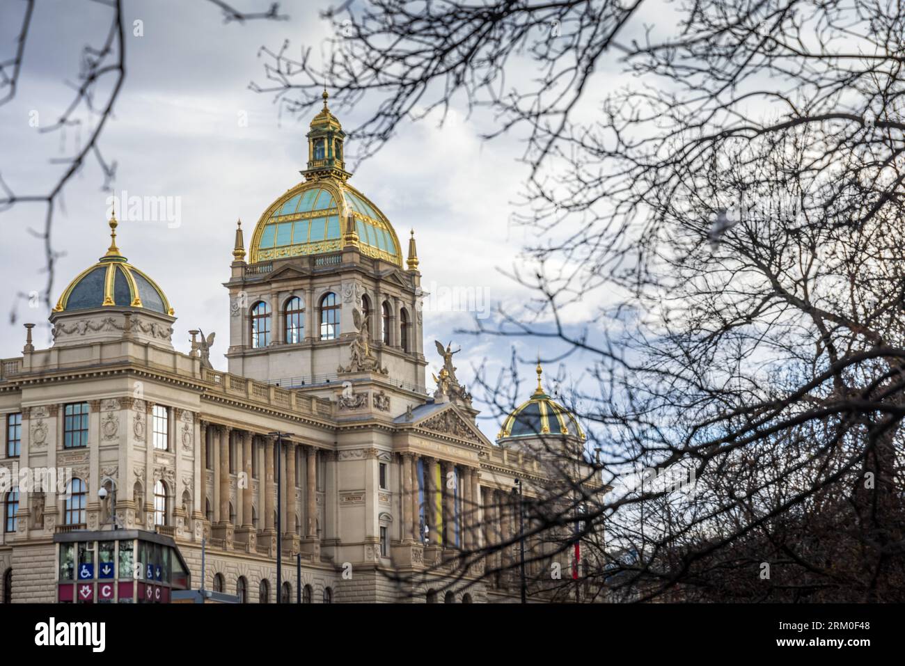 Blick auf das Prager Nationalmuseum durch die Zweige tagsüber. Stockfoto
