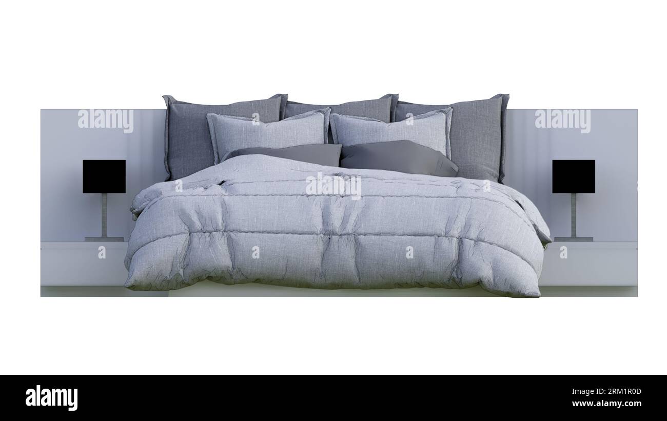 Leeres grau-weißes Bett mit Kopfkissen, Vorderansicht, weißer Hintergrund, natürlicher Holztisch mit klassischer moderner Tischlampe Stockfoto