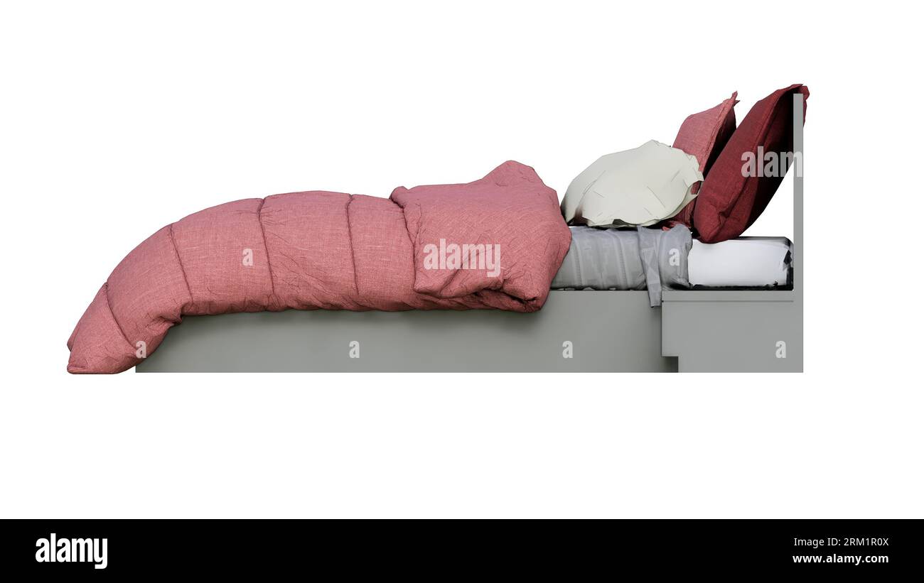 Leeres rot-weißes Bett mit Kopfkissen, Seitenansicht, weißem Hintergrund aus natürlichem Holz, Kopfbett, Bettdecke Stockfoto