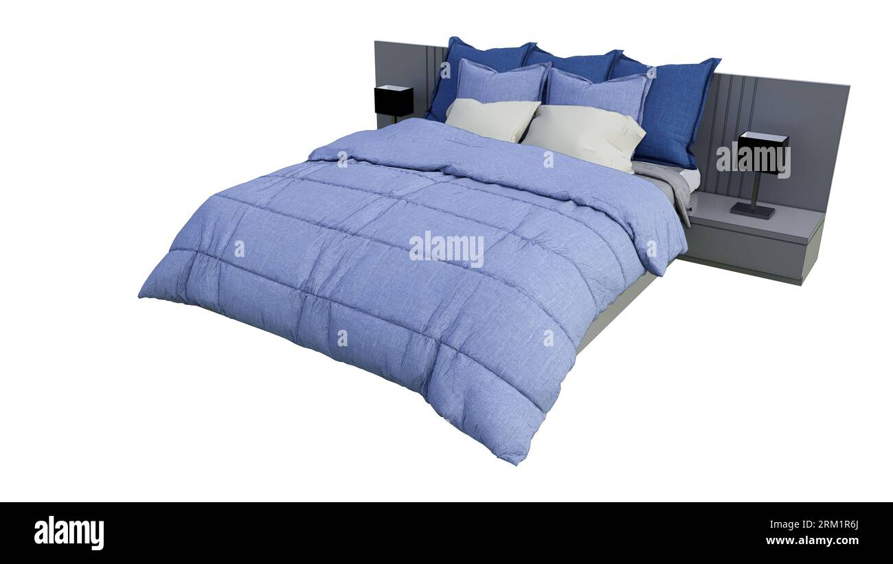 Leeres hellblaues und weißes Bett mit Kissenmockup, dreidimensionale Aussicht, weißer Hintergrund aus natürlichem Holz, Kopfbett, Bettbezug, Beistelltisch, Lampentisch Stockfoto