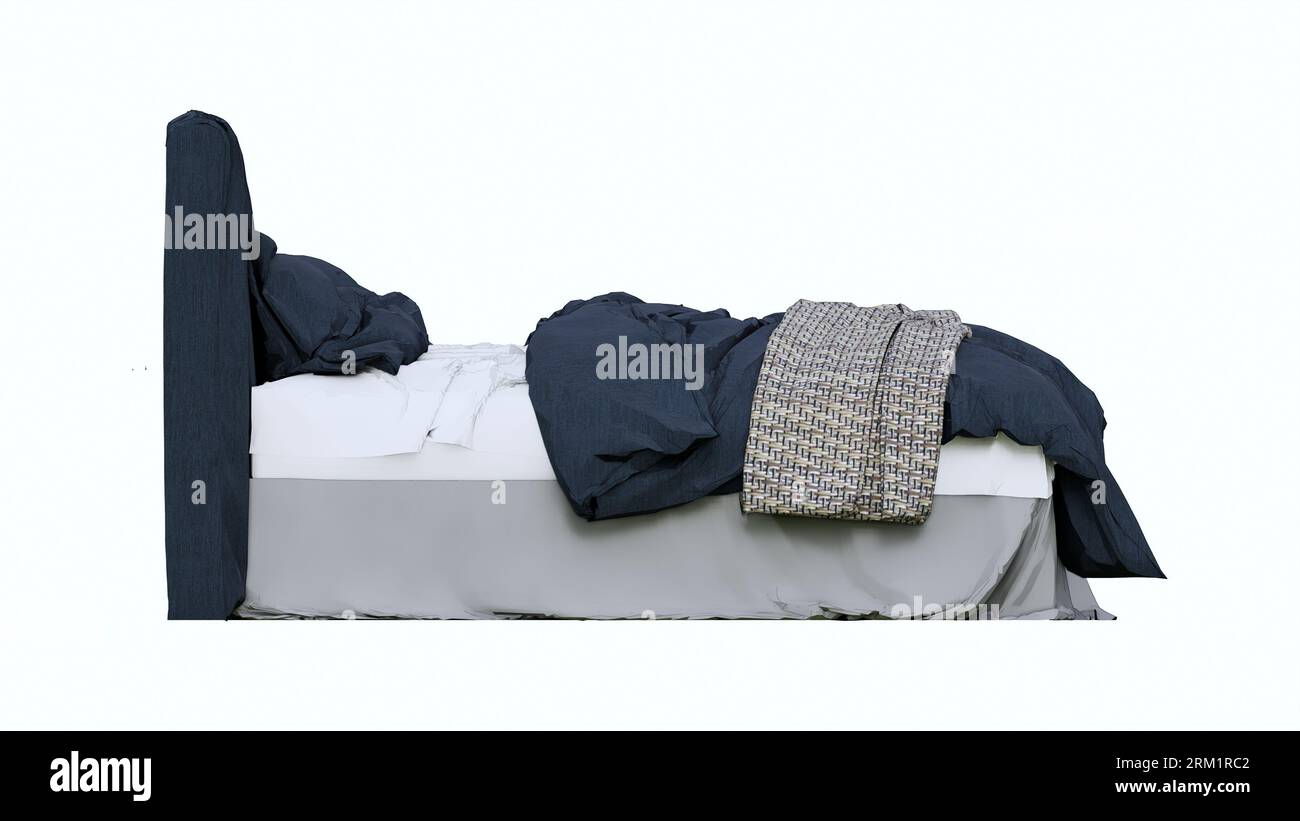 Leeres blau-weißes Bett mit Kopfkissen Mockup, Seitenansicht, weißer Hintergrund Naturholz, Kopfbett, Bettbezug, Beistelltisch, Lampentisch, Stockfoto