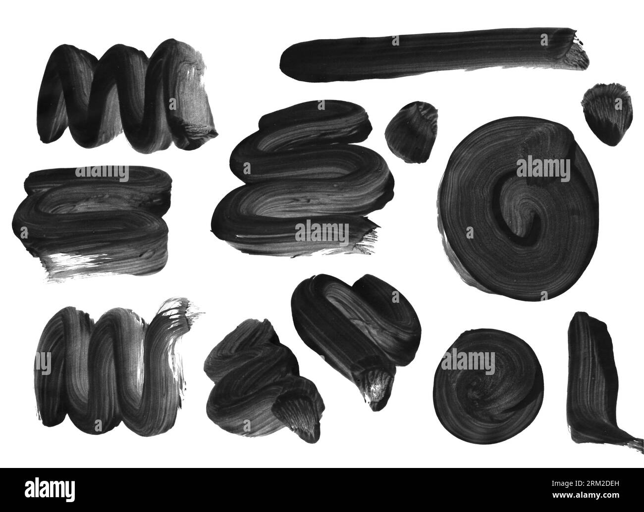 Sammlung von Gesten-Pinselstrichen mit schwarzer Farbe, echten handgefertigten Strichen mit verschiedenen Formen, Kreisen, Kreuzen, länglichen, quadratischen, rechteckiges SHA Stockfoto