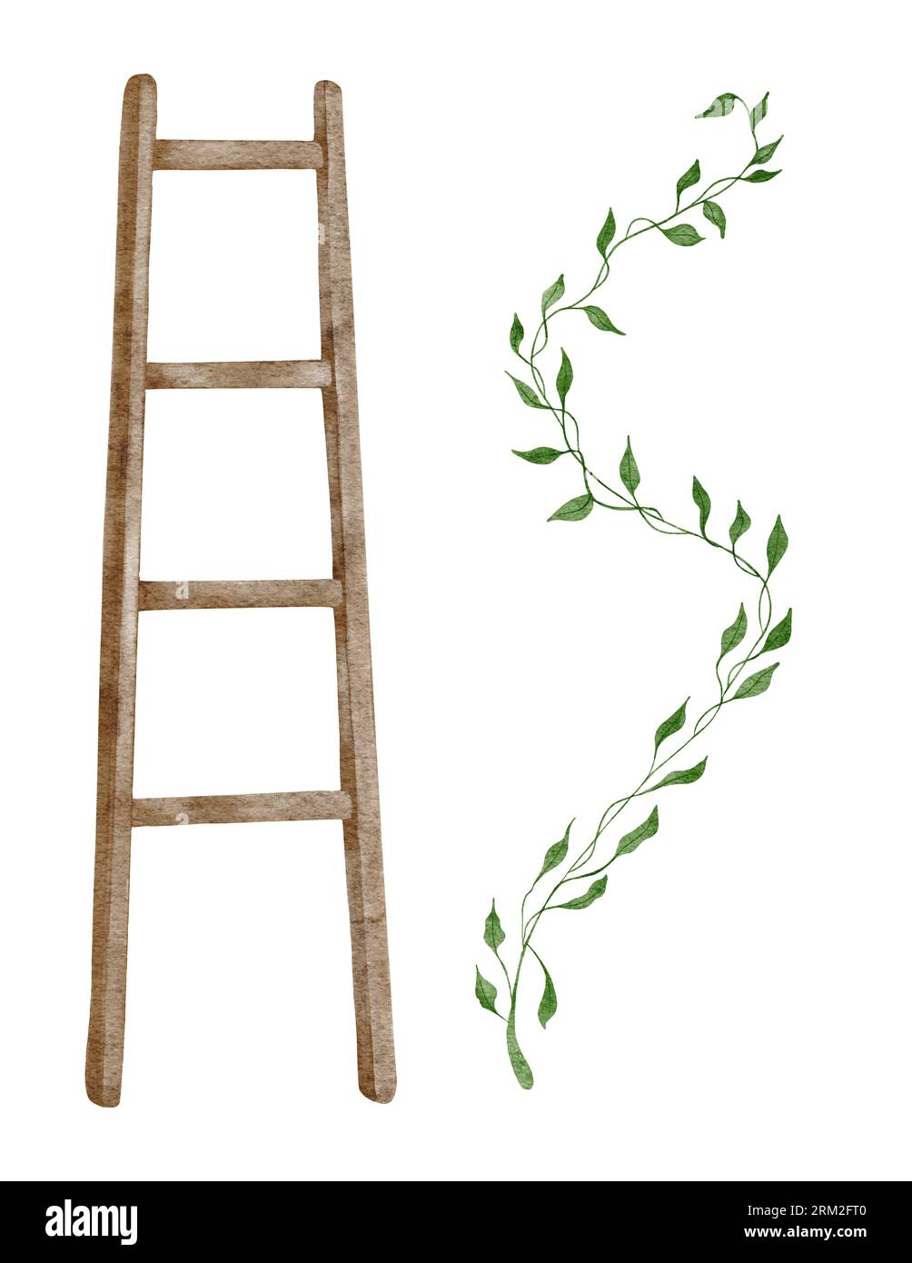 Aquarellgartenobjekte, eine Leiter und eine Liana. Gartenarbeit. Illustration des Frühlingsgartens Stockfoto