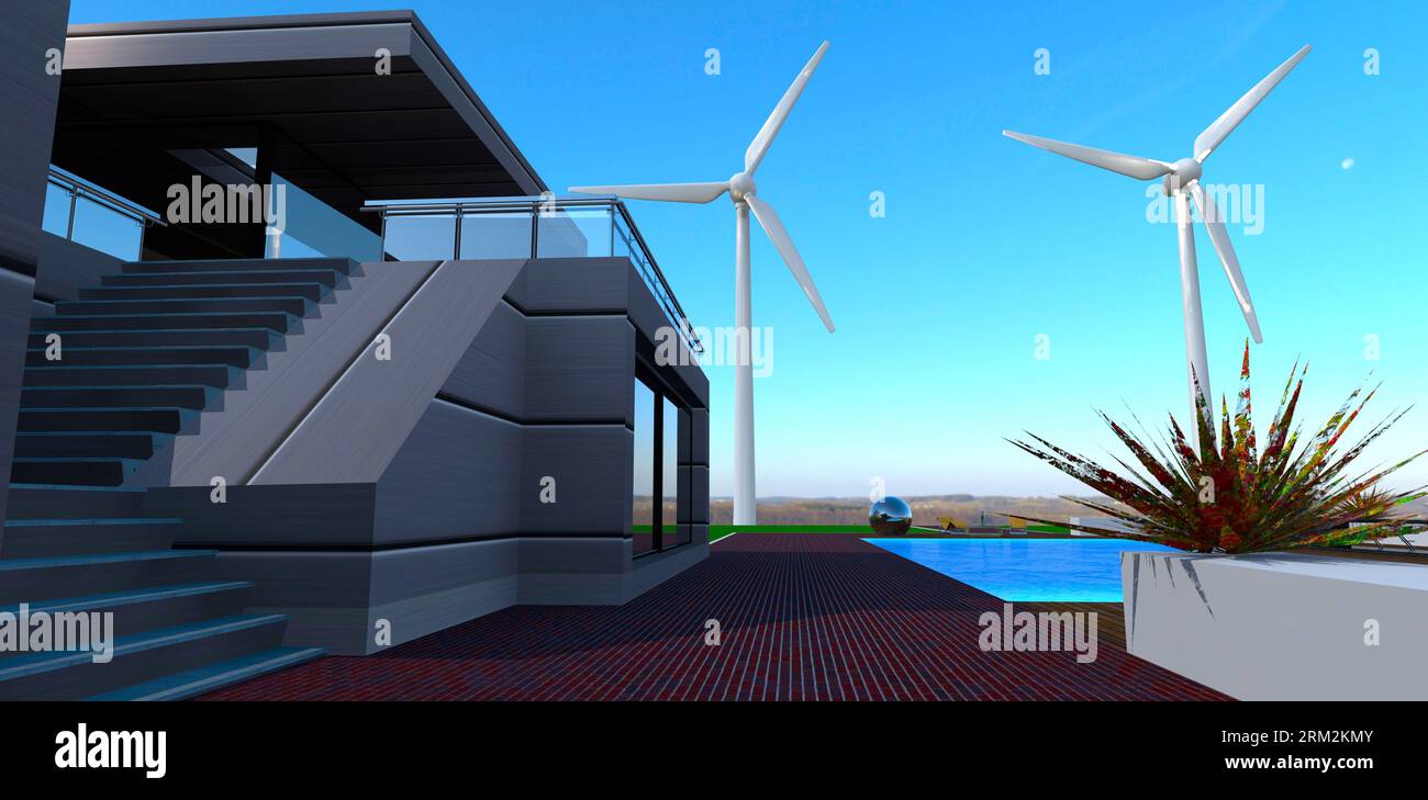 Zwei Windturbinen als autonome elektrische Suren auf dem Territorium des zeitgenössischen Herrenhauses mit Schwimmbad. 3D-Rendering. Stockfoto