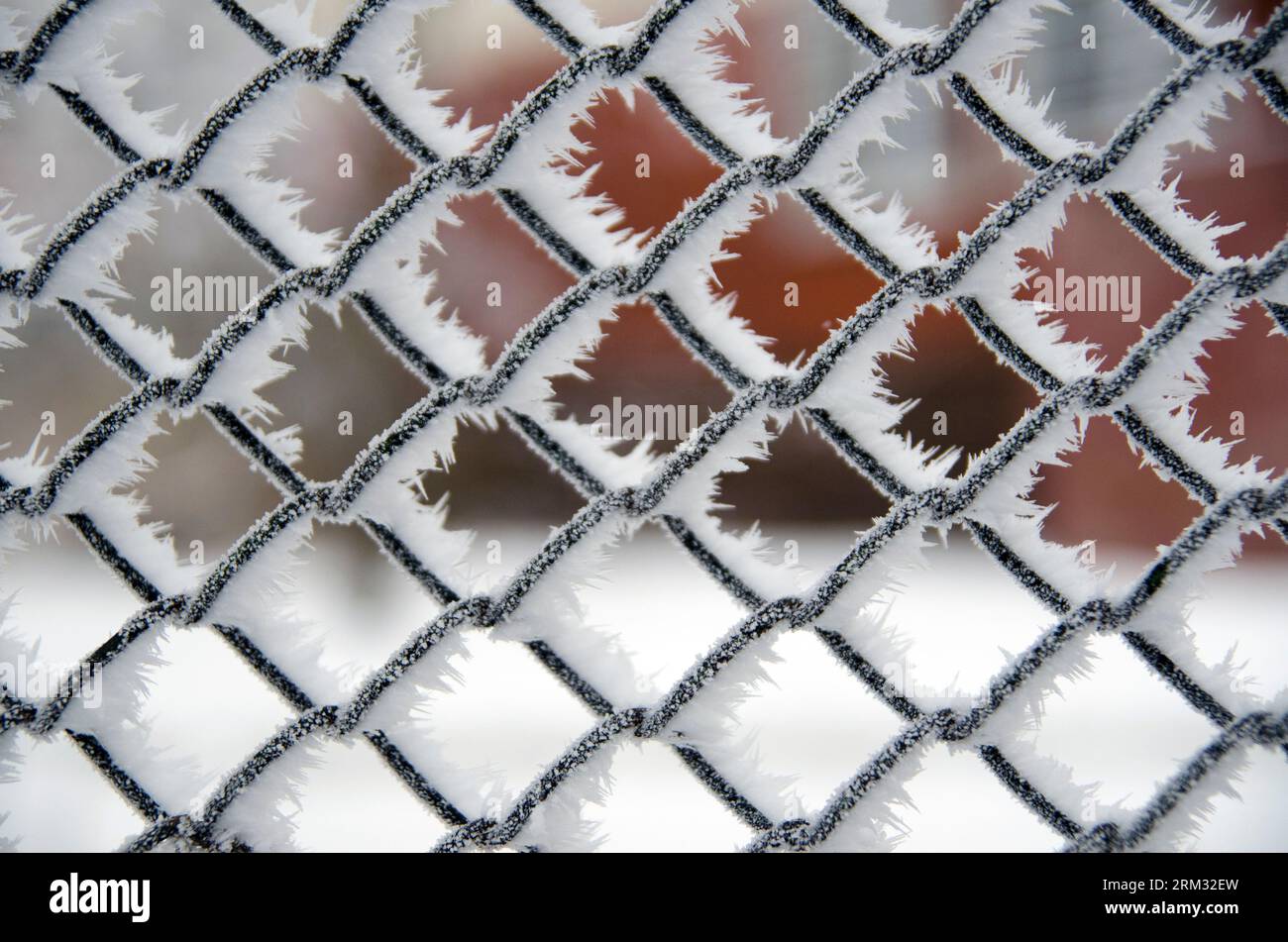 Gefrorenes eisgekühltes Metallgitter mit Schnee bedeckt Stockfoto