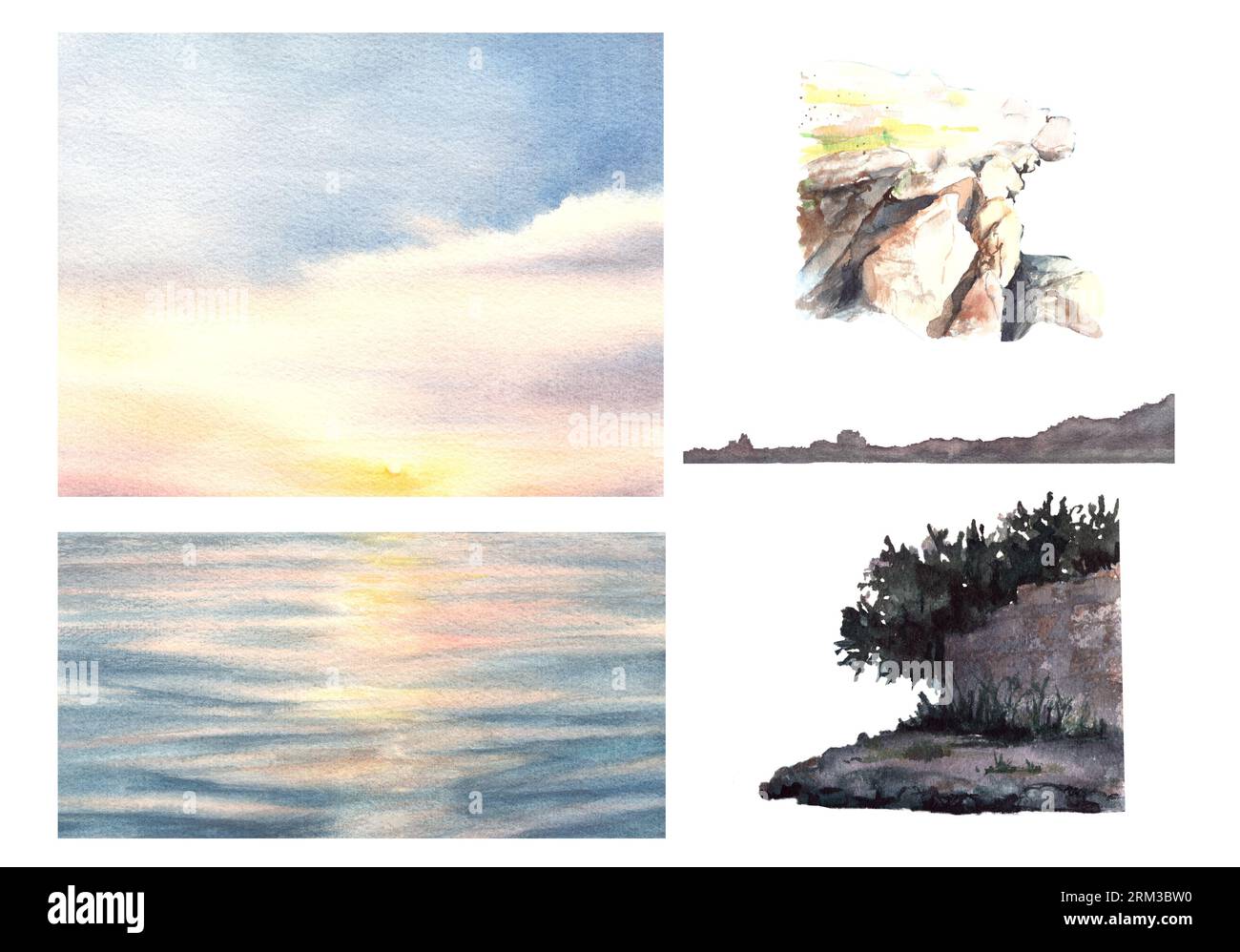 Aquarellbild im Querformat. Farbenfroher Sonnenuntergang auf dem Meer mit der Wolke und Reflexion auf dem Wasser. Steinpfeilermauer und Baum. Maritim Stockfoto