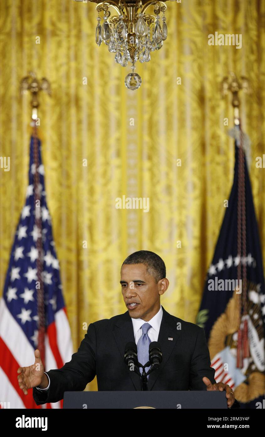Bildnummer: 60344397 Datum: 09.08.2013 Copyright: imago/Xinhua US-Präsident Barack Obama spricht während einer Pressekonferenz im Weißen Haus in Washington D.C. am 9. August 2013. Obama hat am Freitag Maßnahmen zur Stärkung der Aufsicht und Transparenz der geheimen Überwachungsprogramme der Nationalen Sicherheitsbehörde (NSA) nach zweimonatigen Kontroversen zugesagt. (Xinhua/Fang Zhe) US-WASHINGTON-OBAMA-SECRET SURVEILLANCE PUBLICATIONxNOTxINxCHN People Politik PK Pressetermin Porträt xdp x0x 2013 Hochpremiumd 60344397 Datum 09 08 2013 Copyright Imago XINHUA US-Präsident Barack Obama spricht d Stockfoto