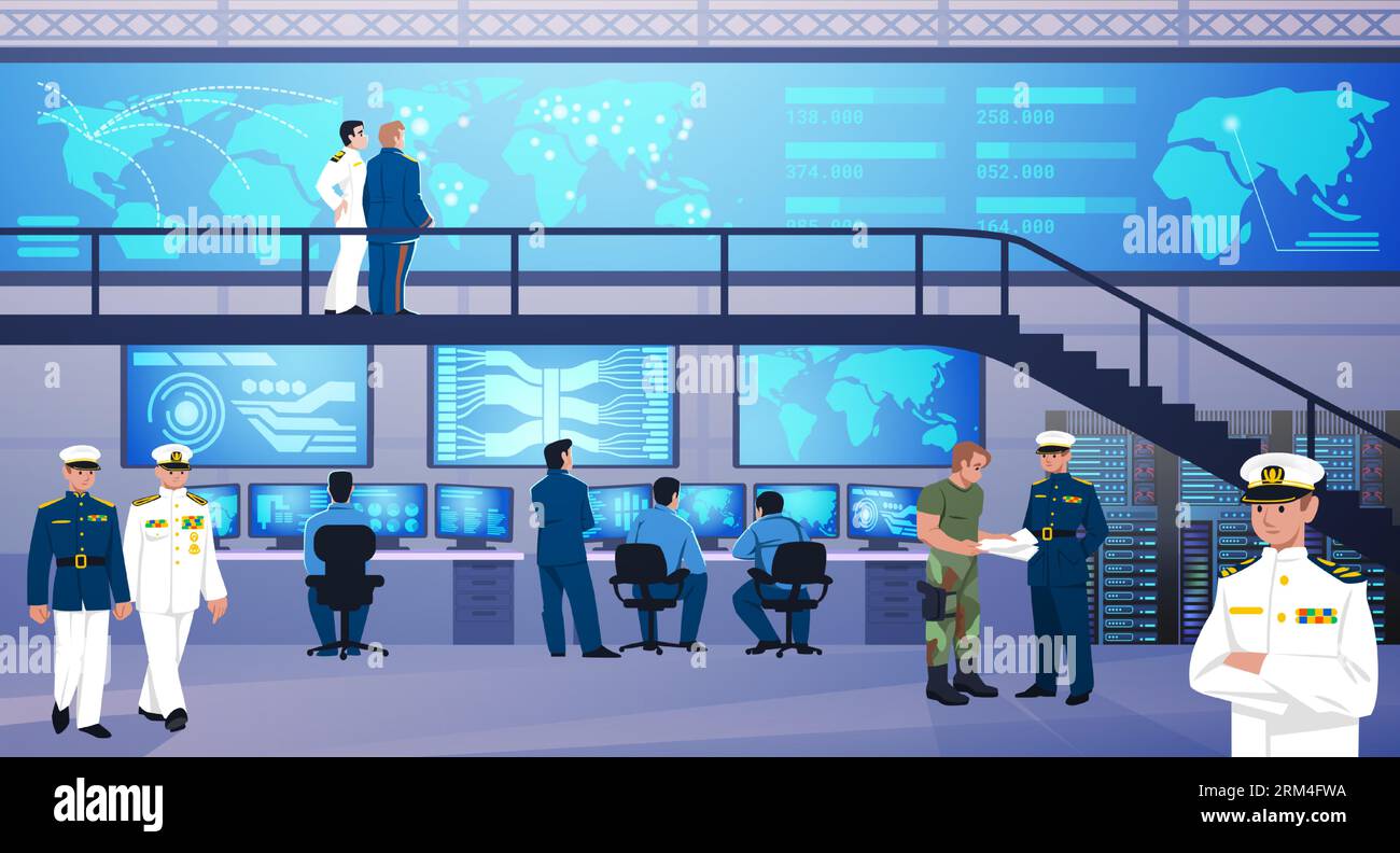 Kontrollzentrum. Das Innere des militärischen Kommandobüros. Datensicherheit in Zukunft. Betriebsüberwachung. Computer und elektronische Server. Missionsmanagement Stock Vektor