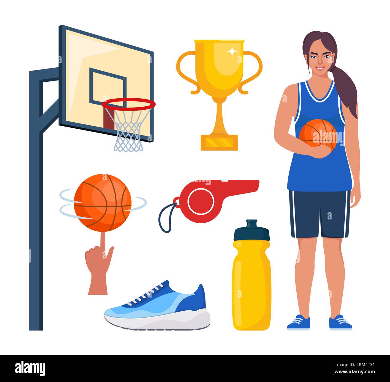 Basketball-Elemente, Set. Verschiedene Geräte für Basketbälle. Basketballspieler, Ball, Korb, Sneakers Cup Pfeife Vektor-Illustration Stock Vektor