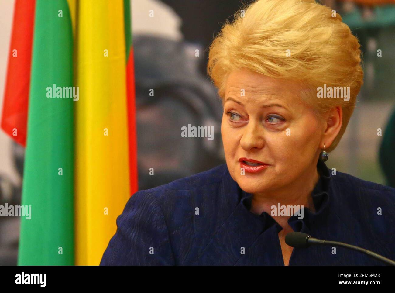 Bildnummer: 60684844 Datum: 06.11.2013 Copyright: imago/Xinhua (131106)-- RIGA, 6. November 2013 (Xinhua) -- Litauens Präsident Dalia Grybauskaite spricht auf einer gemeinsamen Pressekonferenz mit NATO-Generalsekretär anders Fogh Rasmussen und den Präsidenten Estlands und Lettlands in Riga, der Hauptstadt Lettlands, am 6. November 2013. Die größte Übung der NATO seit 2006, Steadfast Jazz, findet vom 2. November bis 9. November in Lettland und Polen mit rund 6.000 Soldaten statt. (Xinhua/Yan Ting) LETTLAND-RIGA-NATO-SEKRETÄR-MILITÄRISCHE ÜBUNG-BESUCH PUBLICATIONxNOTxINxCHN People Politik xsp x0x 2013 quer 60684 Stockfoto