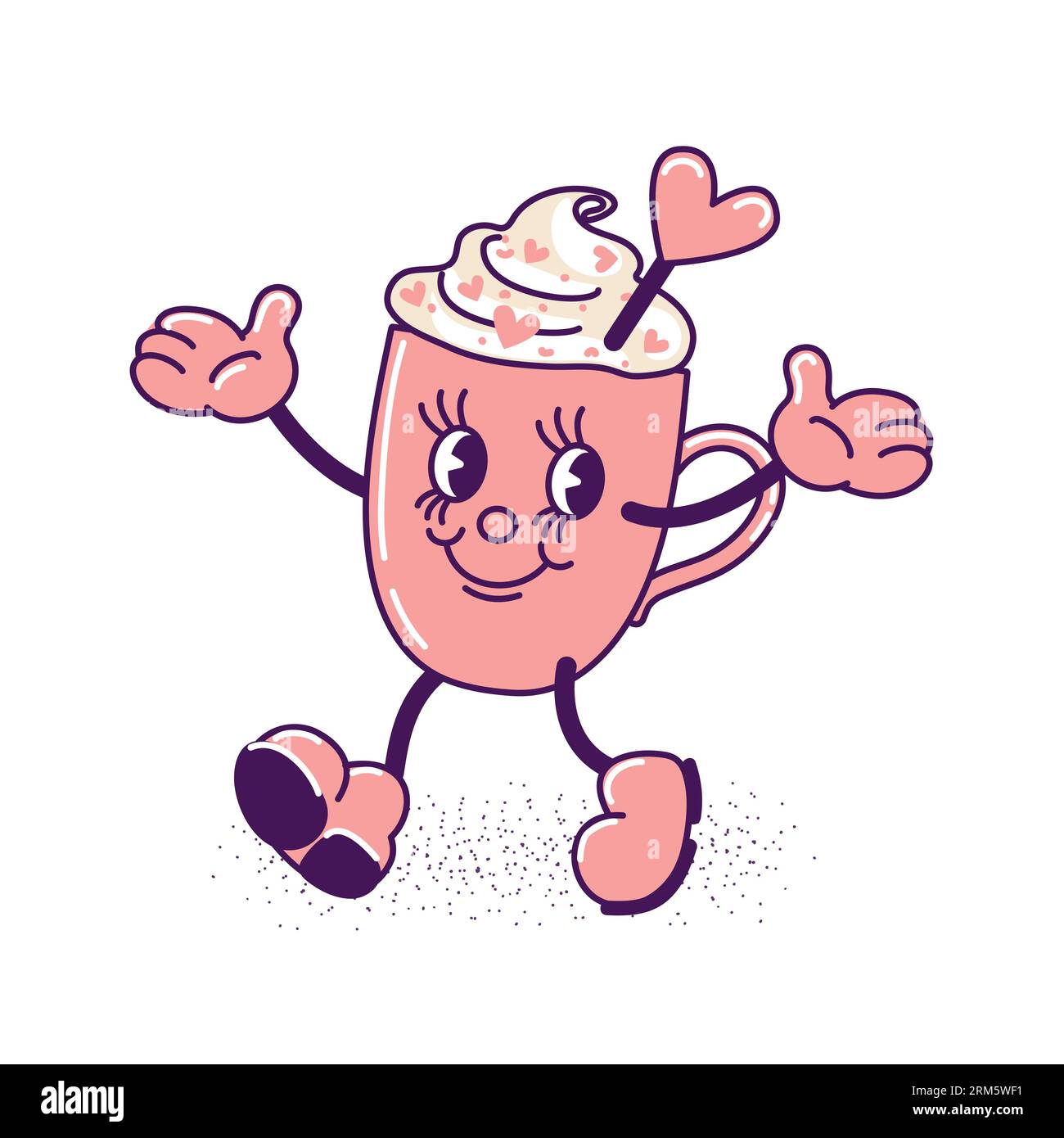 Kaffeebecher mit Schlagsahne, tanzen und lächeln. Süßwaren-Streusel, Herzlutscher. Trendiger alter Retro-Cartoon-Stil. Vintage-Food-Illustration Stock Vektor