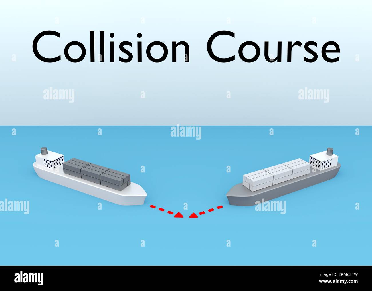 3D-Darstellung von zwei Containerschiffen, die sich in Kollisionsgefahr nähern. Stockfoto