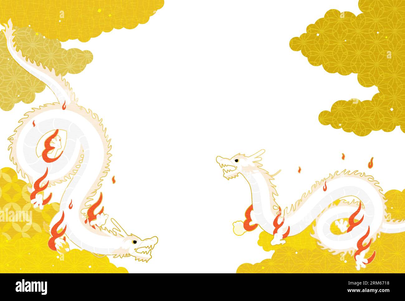 2024 Dragon Silvester Grußkarte mit zwei Drachen (Schlangen), die durch ein Wolkenmeer fliegen, im japanischen Muster, Vektor-Illustration Stock Vektor