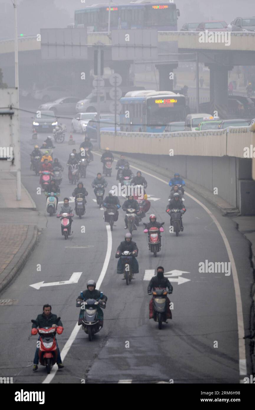 (140114) -- NANCHANG, 14. Januar 2014 (Xinhua) -- Radfahrer fahren entlang einer Straße in Nanchang, Hauptstadt der ostchinesischen Provinz Jiangxi, 14. Januar 2014. Das örtliche Wetterzentrum gab am Dienstag einen orangen Alarm für Nebel aus. (Xinhua/Zhou Ke) (wf) CHINA-NANCHANG-WETTER-NEBEL (CN) PUBLICATIONxNOTxINxCHN Nanchang Jan 14 2014 XINHUA Radfahrer laufen entlang einer Straße in Nanchang Hauptstadt von Ostchina Provinz S Jiangxi Jan 14 2014 das lokale meteorologische Zentrum hat AM Dienstag Orange Alert für NEBELNONONONOXINHUA Zhou KICCHICHICHION Wetter veröffentlicht Stockfoto