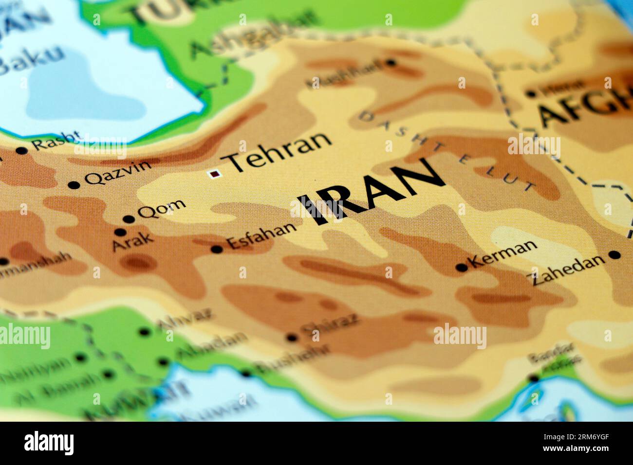 Weltkarte mit Land iran mit Schwerpunkt in teheran Stockfoto