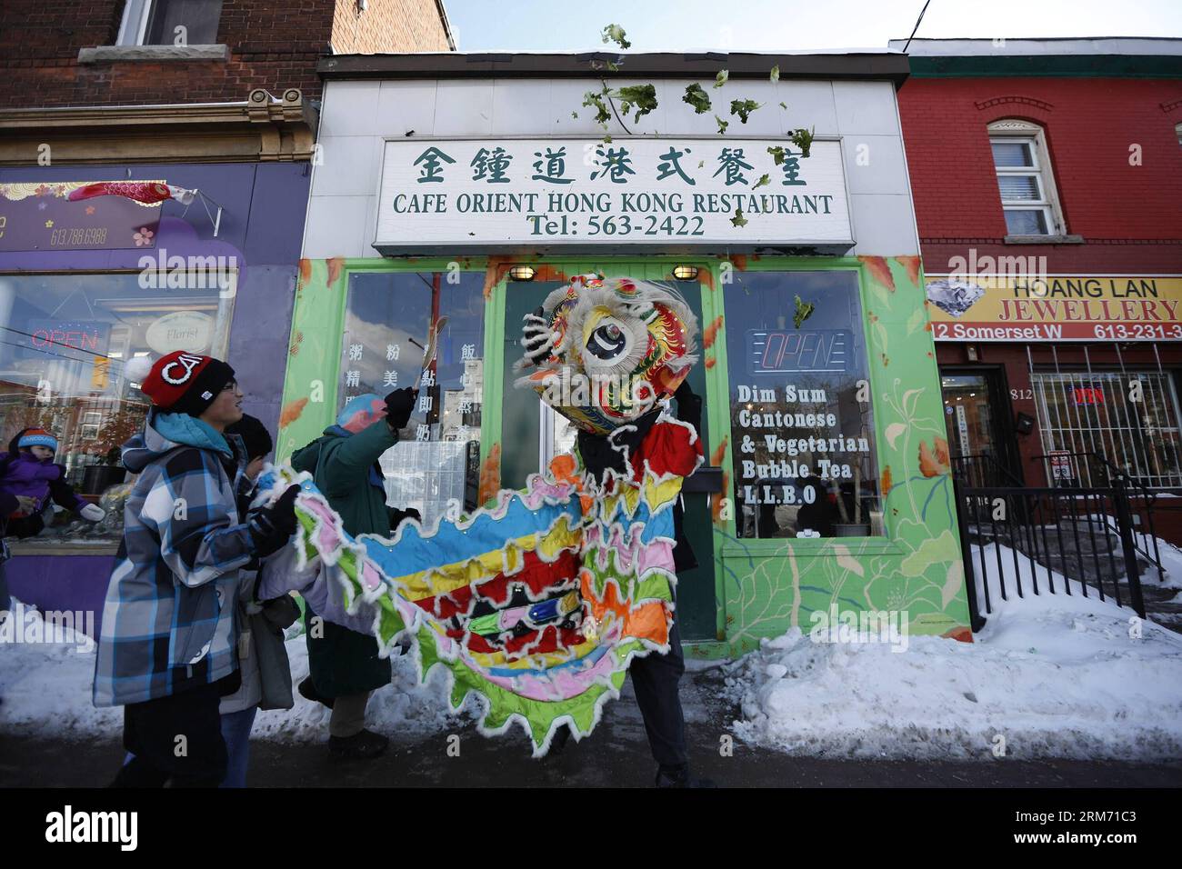 Tänzerinnen führen am 8. Februar 2014 in Ottawa (Kanada) Löwentanz auf, um das Jahr des Pferdes im chinesischen Mondkalender zu feiern. Die Parade machte ihren Weg durch Chinatown, brachte Glück, machte häufige Stopps bei Unternehmen auf dem Weg und führte den traditionellen Brauch von cai qing, wörtlich bedeutet das Zupfen des Grüns , wo der Löwe Salat zupft und ihn zum Vergnügen der Zuschauer streut. (Xinhua/David Kawai)(axy) CANADA-OTTAWA-CHINATOWN-SPRING FESTIVAL-CELEBRATION PUBLICATIONxNOTxINxCHN Tänzerinnen führen Lion Dance auf, um das Jahr des Pferdes im chinesischen Mondkalender in Otta zu feiern Stockfoto