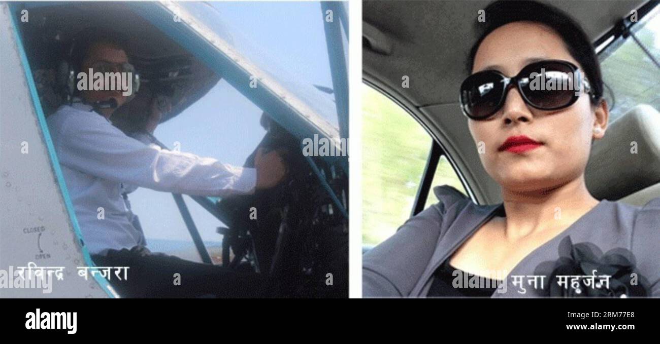 Dies ist das Foto von Co-Pilot Rabindra Banjara (L) und Air-Hostess Muna Maharjan von der Nepal Airlines Corporation, die am 16. Februar 2014 auf den Flugzeugabsturz gestoßen sind, der im Dschungel von Khidim im Arghakhachi-Bezirk in Zentralnepal gesichtet wurde. Überreste eines abgestürzten Doppelotter-Flugzeugs wurden am Sonntagnachmittag, Stunden nachdem es verschwunden war, im Dschungel von Khidim im Arghakhachi-Bezirk in Zentralnepalpa gesichtet. Sie sagten, das Flugzeug sei unter Feuer gesehen worden. Obwohl alle 18 Personen an Bord, darunter drei Besatzungsmitglieder, ein Kind und ein Denish-Staatsangehöriger, tot gefürchtet wurden Stockfoto