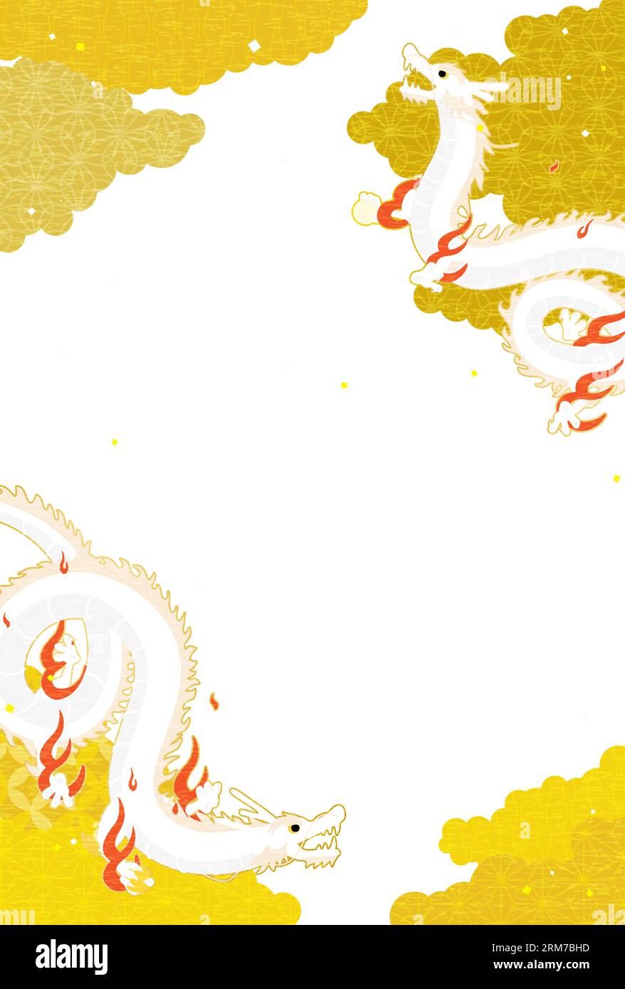 2024 Dragon Silvester Grußkarte mit zwei Drachen (Schlangen), die durch ein Wolkenmeer fliegen, im japanischen Muster, Vektor-Illustration Stock Vektor