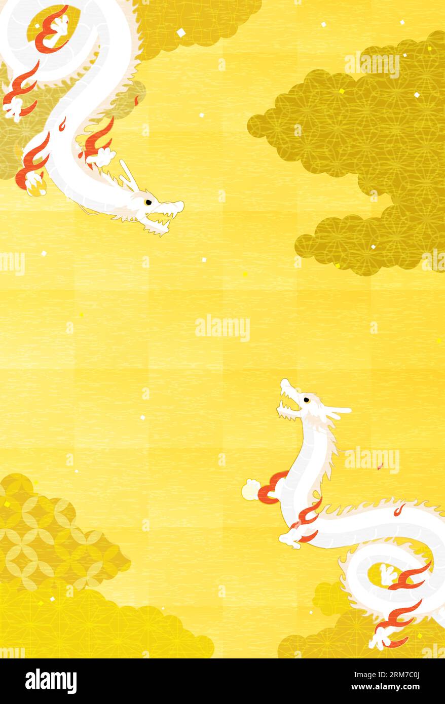 2024 Dragon Silvester Grußkarte mit zwei Drachen (Schlangen), die durch ein Wolkenmeer fliegen, im japanischen Muster, Vektor-Illustration Stock Vektor