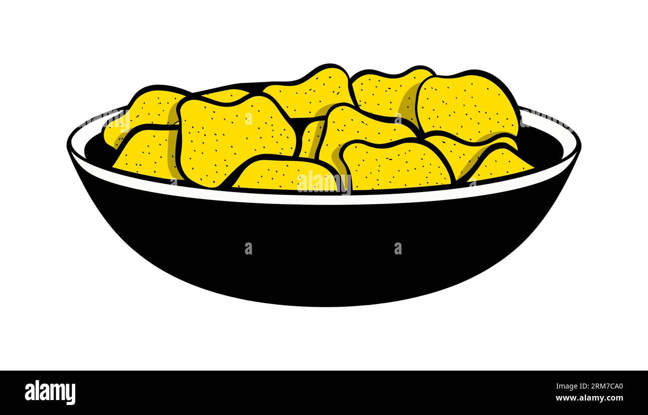 Flache schwarze Chips in einer Platte auf weißem Hintergrund. Vektorillustration Stock Vektor