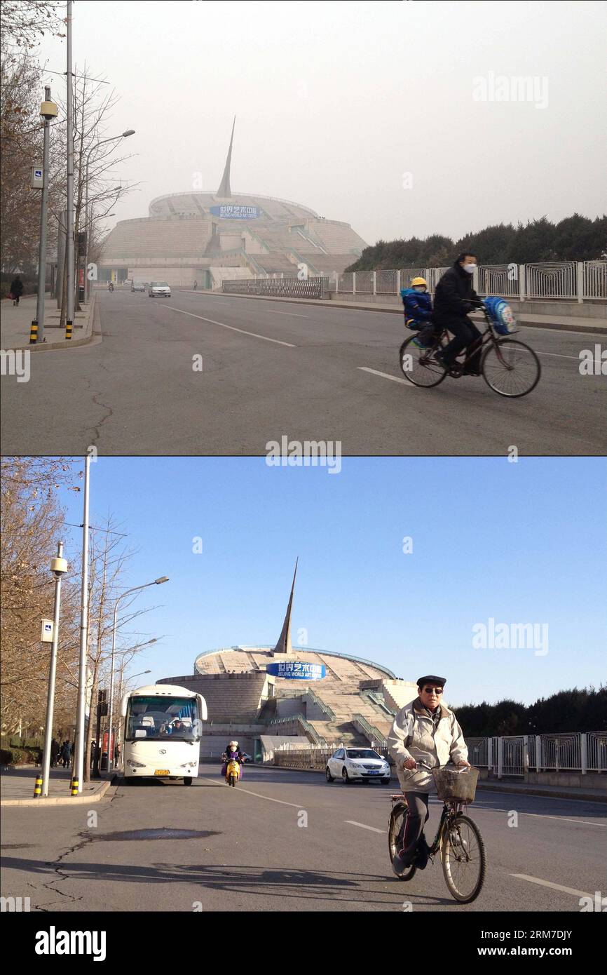 Das Kombinationsfoto vom 26. Februar 2014 (oben) und 27. Februar 2014 (unten) zeigt den scharfen Kontrast der Luftqualität in der Nähe des China Millennium Monument in Peking, der Hauptstadt Chinas. Der blaue Himmel und die Sonne tauchten am 27. Februar in Peking dank einer starken kalten Front wieder auf, die das wochenlange schlechte Wetter zerstreute. (Xinhua/Hao Liying) (lfj) CHINA-BEIJING-BLUE SKY-REAPPEARANCE (CN) PUBLICATIONxNOTxINxCHN Combination Foto aufgenommen AM 26 2014. Februar Ober und 27 2014. Februar unten zeigt den scharfen Kontrast der Luftqualität in der Nähe des China Millennium Monument in Peking Hauptstadt von China Blauer Himmel und Sonnenschein erscheinen wieder Stockfoto