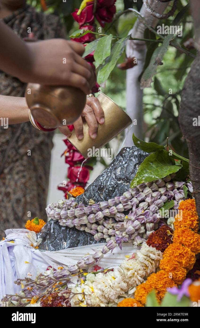 (140228) -- CALCUTTA, 28. Februar 2014 (Xinhua) -- indische hinduistische Devotees gießen Milch über ein Idol von Lord Shiva während des Maha Shivratri Festivals in einem Tempel in Kalkutta, der Hauptstadt des ostindischen Bundesstaates Westbengalen, am 28. Februar 2014. Maha Shivaratri, das in die große Nacht des Herrn Shiva übersetzt werden kann, markiert die Nacht, in der er sich mit göttlichen Kräften neu erfand. Hindus feiern das Maha Shivratri Festival mit besonderen Gebeten an Lord Shiva und Fasten. (Xinhua/Tumpa Mondal) INDIA-CALCUTTA-SHIVRATRI PUBLICATIONxNOTxINxCHN Calcutta Feb 28 2014 XINHUA indische hinduistische Devotees geben Milch an Idol of L Stockfoto