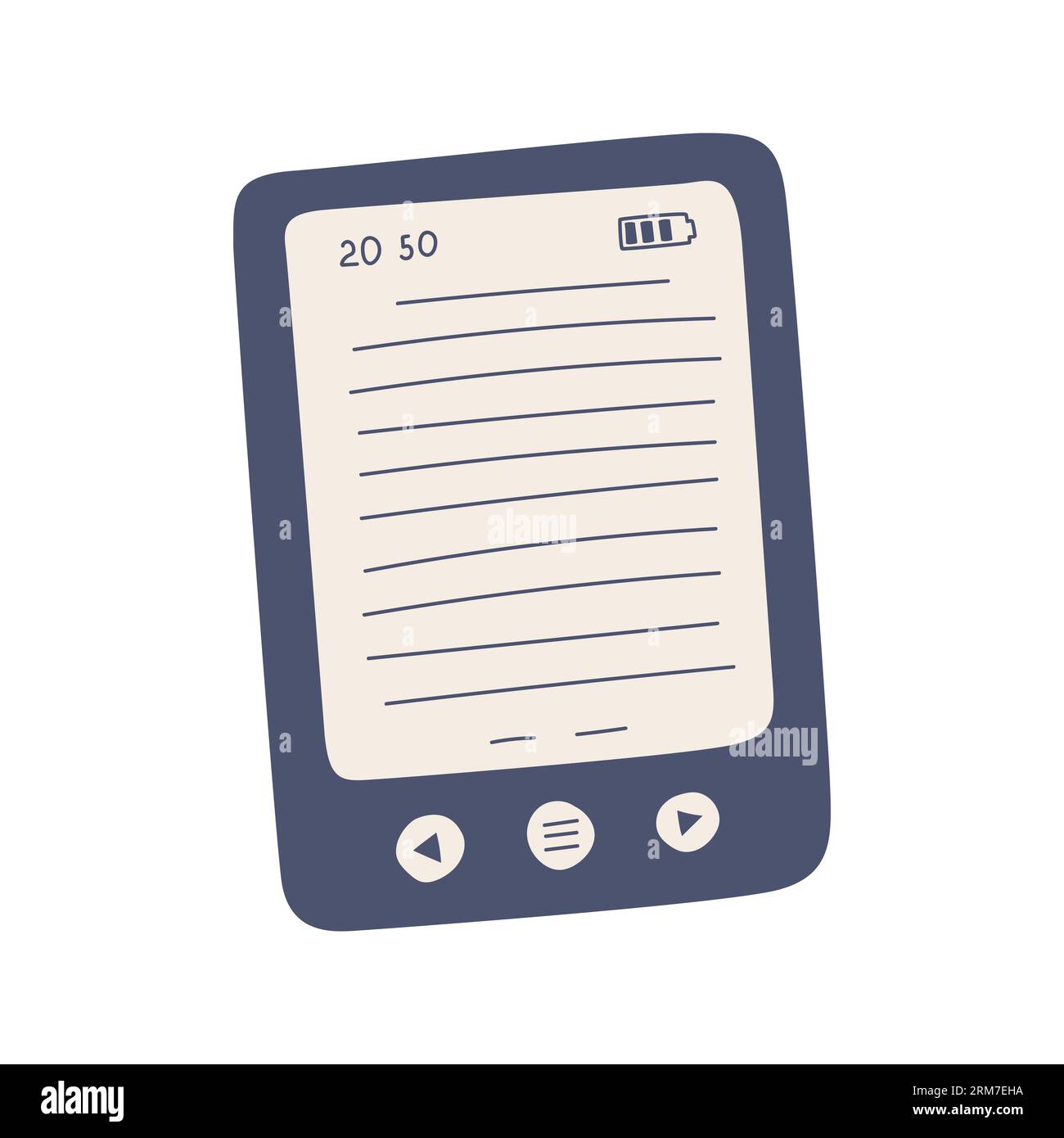 E-Book-Bildschirm mit Tasten und Ladeanzeige. Einfaches handgezeichnetes Taschenbuch. Flache Zeichentrickvektorillustration isoliert auf weißem Hintergrund Stock Vektor