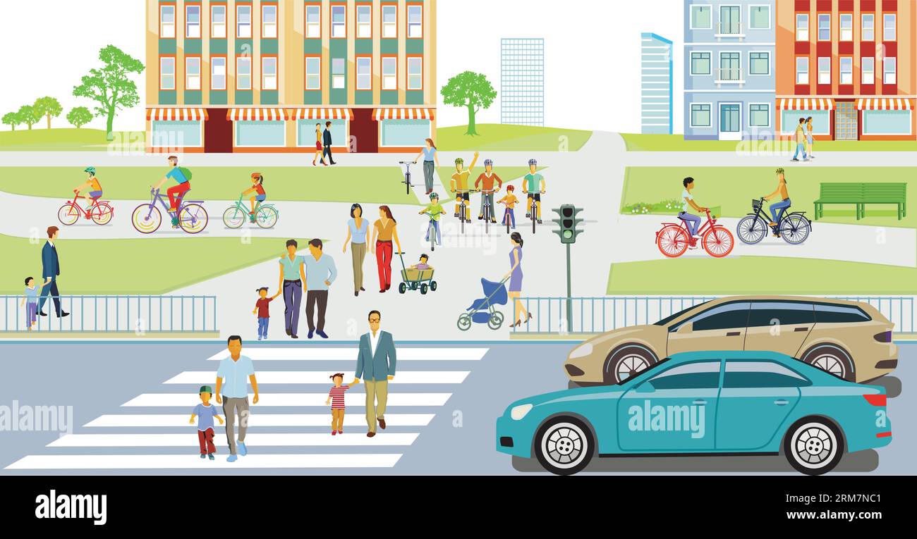 Wohngebiet Silhouette einer Stadt mit Verkehr und Fußgängern, Illustration Stock Vektor