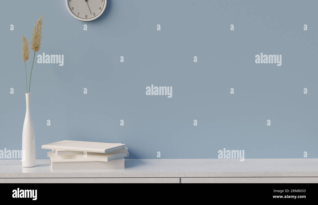 Blaue Wand mit weißem Buch auf dem Tisch, Kopierraum für Textgestaltung, 3D-Illustrationswiedergabe Stockfoto