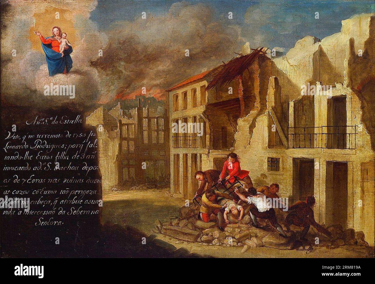 Ein zeitgenössisches Ex-Voto zeigt die Rettung eines dreijährigen aus dem gefallenen Mauerwerk, unter dem wachsamen Blick der Muttergottes vom Stern ein Ex-Voto der Muttergottes vom Stern, und zeigt Szenen des Erdbebens von Lissabon 1755. Stockfoto