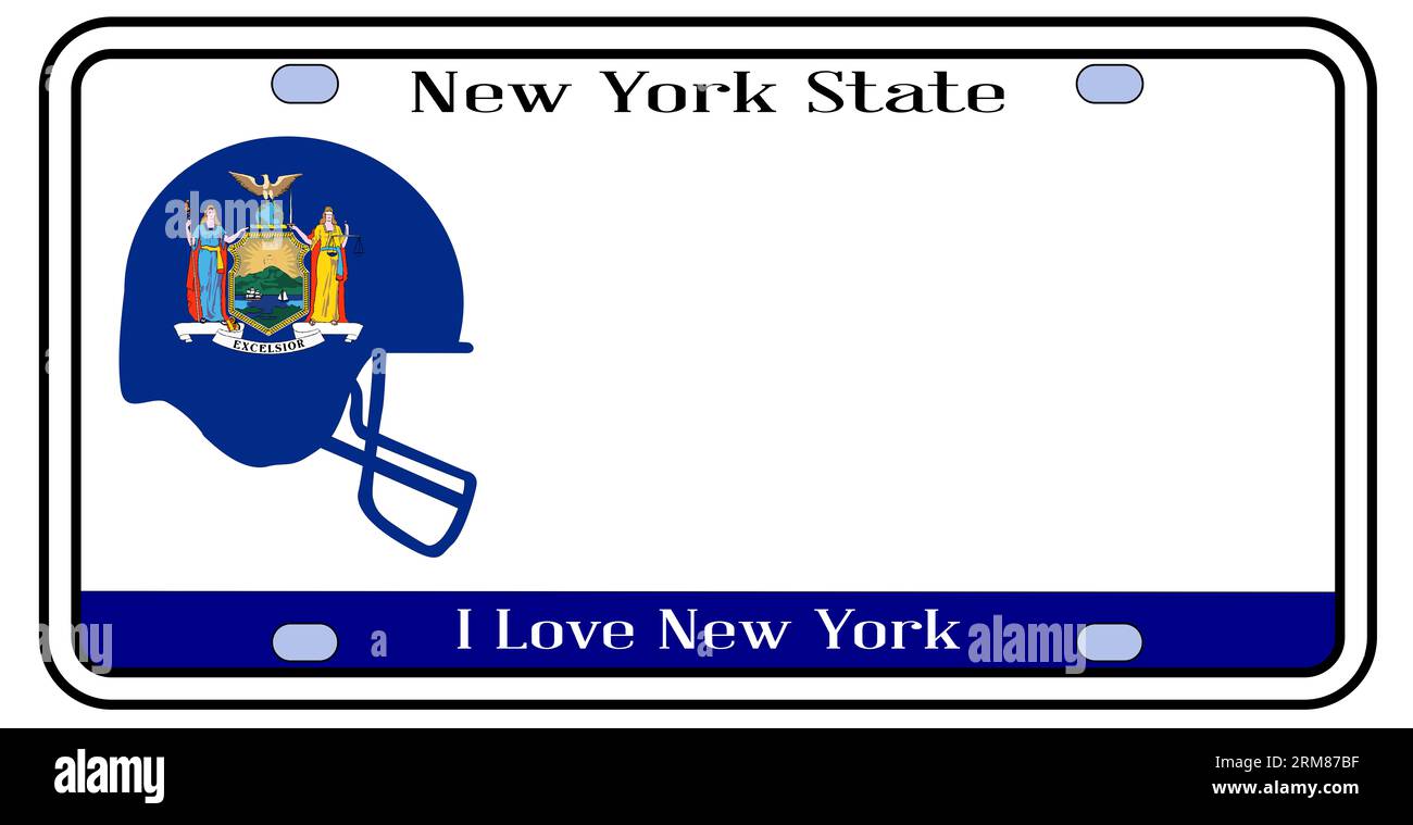 Kennzeichen des Staates New York in den Farben der Staatsflagge mit den Flaggensymbolen, die in einen Fußball auf einem weißen Hintergrund eingefügt sind Stockfoto