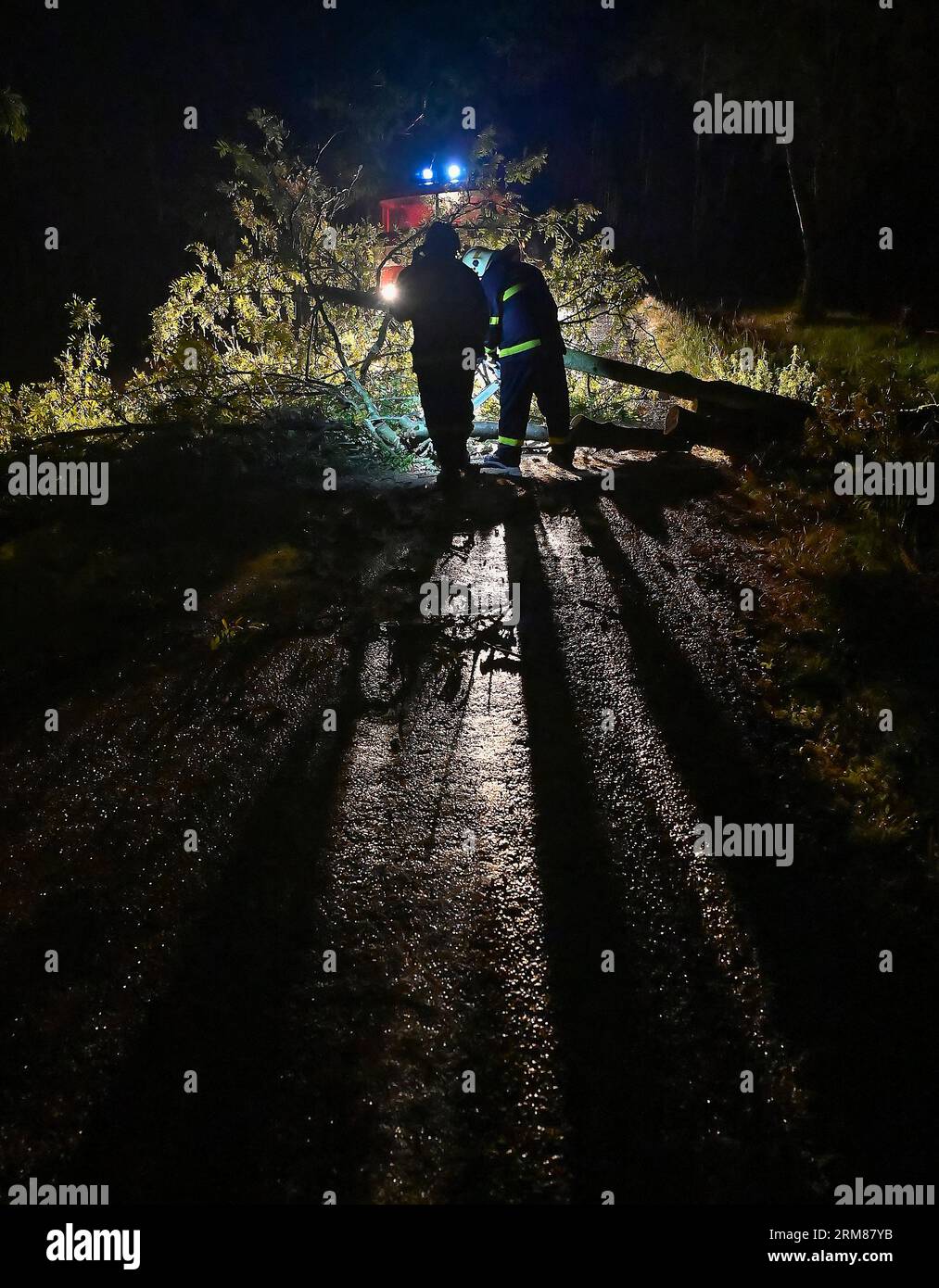 Panenska Rozsicka, Tschechische Republik. 26. August 2023. Feuerwehrleute entfernen umgestürzte Bäume von einer Straße nach einem Sturm am 26. August 2023 in Panenska Rozsicka, Bezirk Jihlava, Region Vysocina. Straßen der 3. Und 4. Klasse sind wegen umgestürzter Bäume stellenweise unpassierbar. Quelle: Lubos Pavlicek/CTK Photo/Alamy Live News Stockfoto