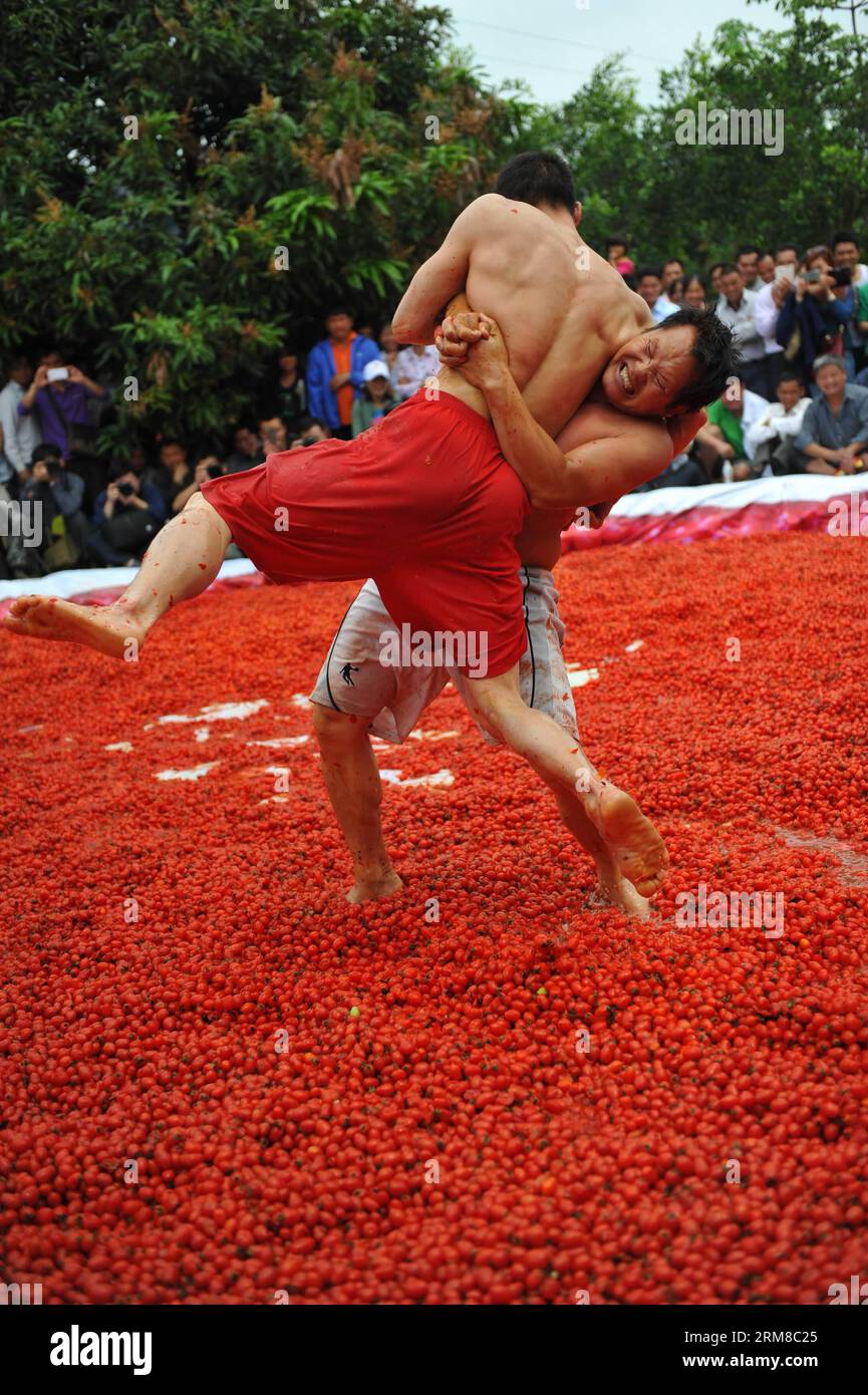 (140408) -- BAISE, 8. April 2014 (Xinhua) -- zwei Dorfbewohner kämpfen in einem Pool voller Kirschtomaten im Tianyang County, südwestchinesische autonome Region Guangxi Zhuang, 8. April 2014. Die Einheimischen hielten eine solche Aktivität in einem Pool ab, der mit gerissenen und redundanten Kirschtomaten gefüllt war, um die Tomatenernte zu feiern. (Xinhua/Wei Wanzhong) (lfj) CHINA-GUANGXI-WRESTLING-CHERRY TOMATE POOL (CN) PUBLICATIONxNOTxINxCHN Baise 8. April 2014 XINHUA zwei Dorfbewohner ringen in einem Pool mit Kirschtomaten im südwestlichen China S Guangxi Zhu Stockfoto