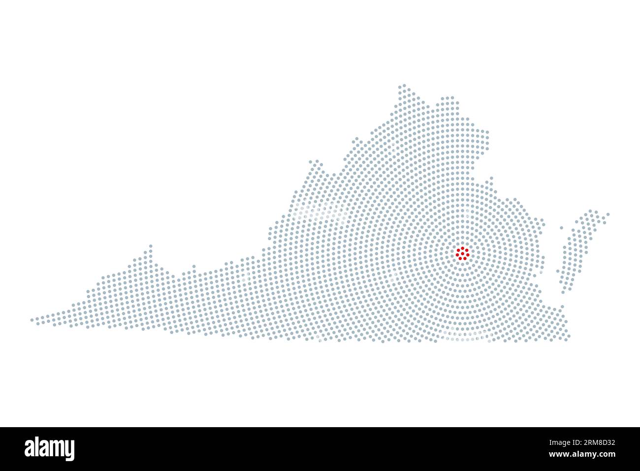Virginia, Silhouette des US-Bundesstaates mit radialem Punktmuster. Umrisse des Commonwealth of Virginia, die aus grauen Punkten resultieren und in Kreisen angeordnet sind. Stockfoto