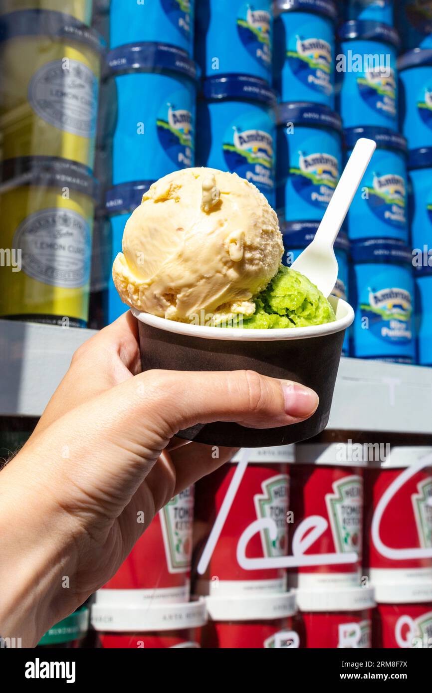 Warburtons Crumpets und Birds Eye Frozen Erbsen Eis im Anya Hindmarch Ice Cream Project, London, England Stockfoto