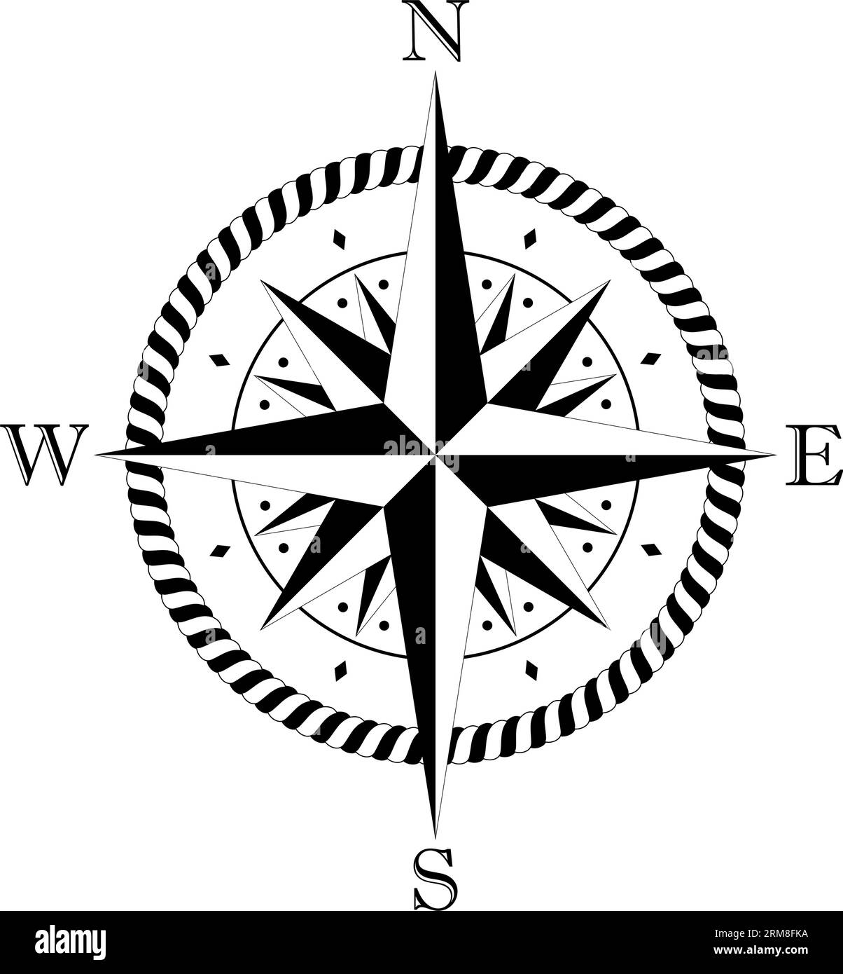 Kompassrosen-Vektor mit vier Windrichtungen und Schnurrahmen in Schwarz und weiß. Sechzehn Stachelwind stieg. Stock Vektor