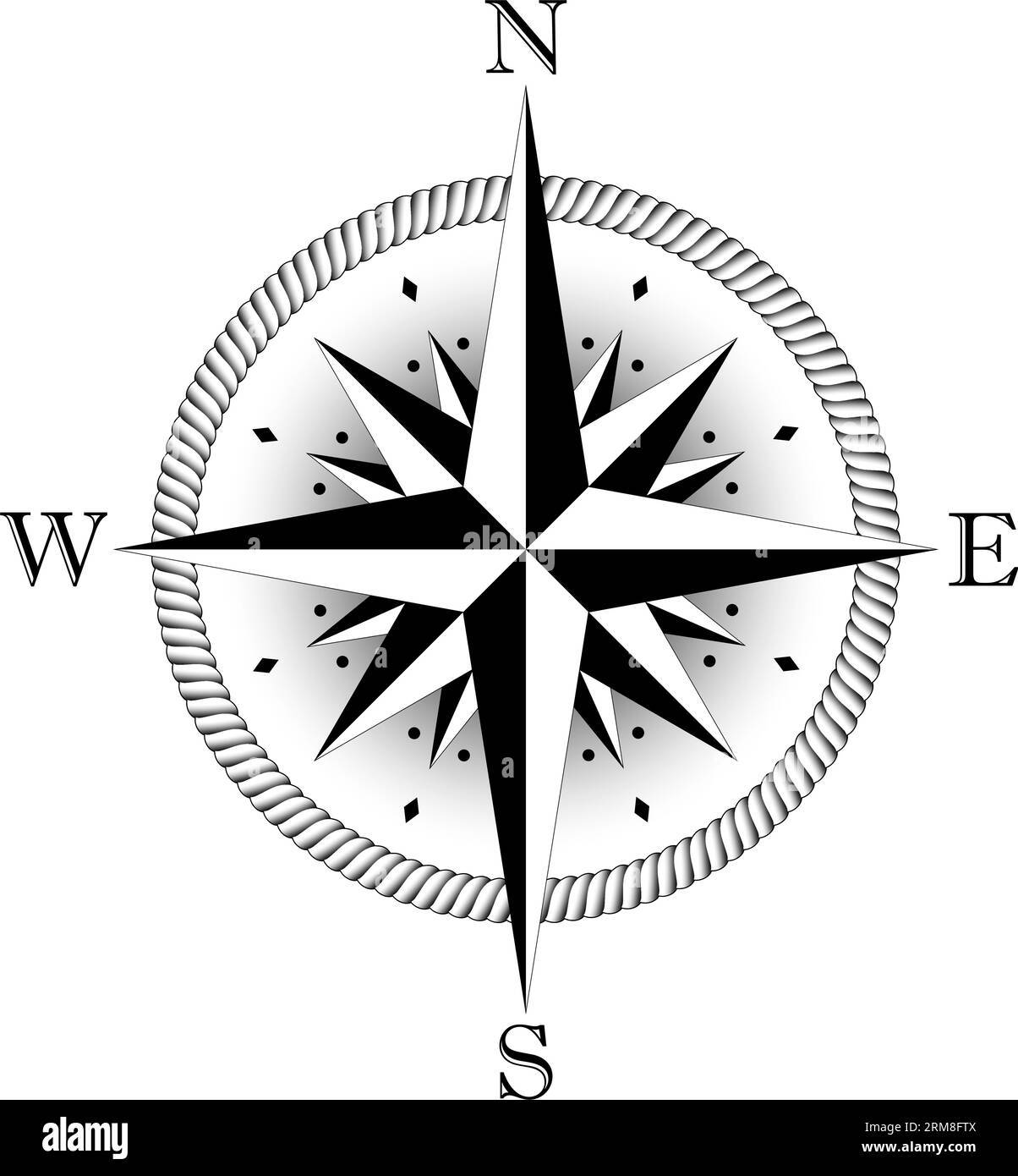 Kompassrose Vektor mit vier Windrichtungen und Schatten in der Mitte. Wind Rose mit abstraktem Kordelrahmen und sechzehn Spike Wind Rose. Stock Vektor