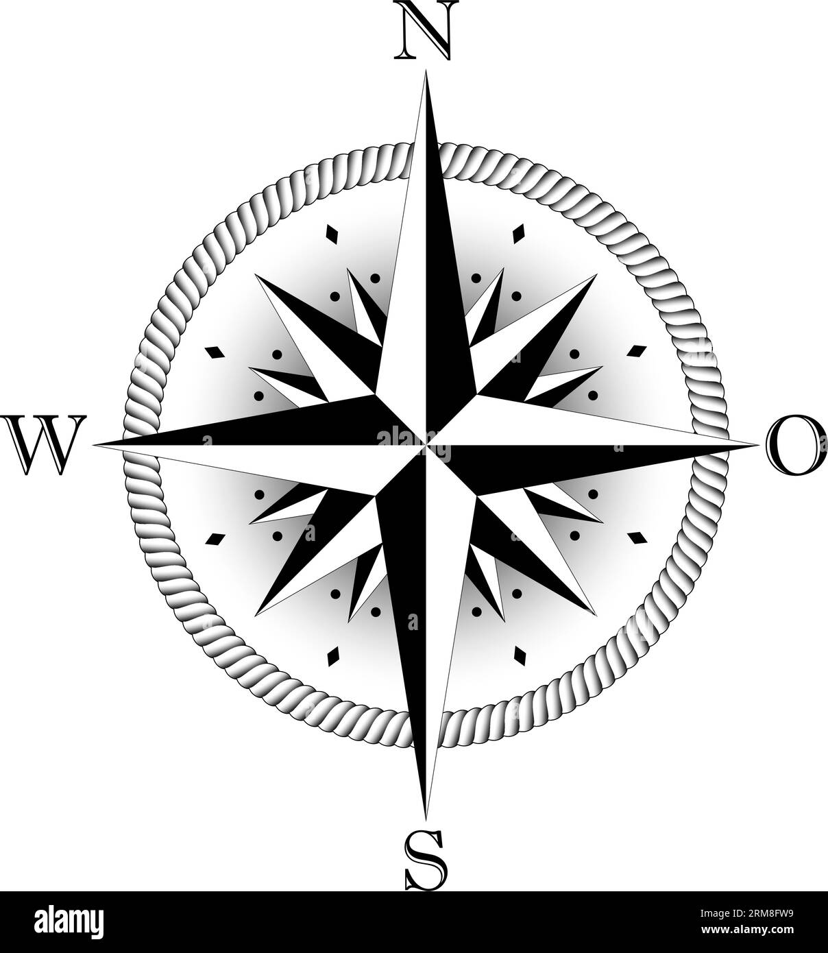 Compass rose vector with four wind directions and German east Description. Wind Rose with abstract cord frame, Shadow in middle and sixteen spike rose Stock Vektor