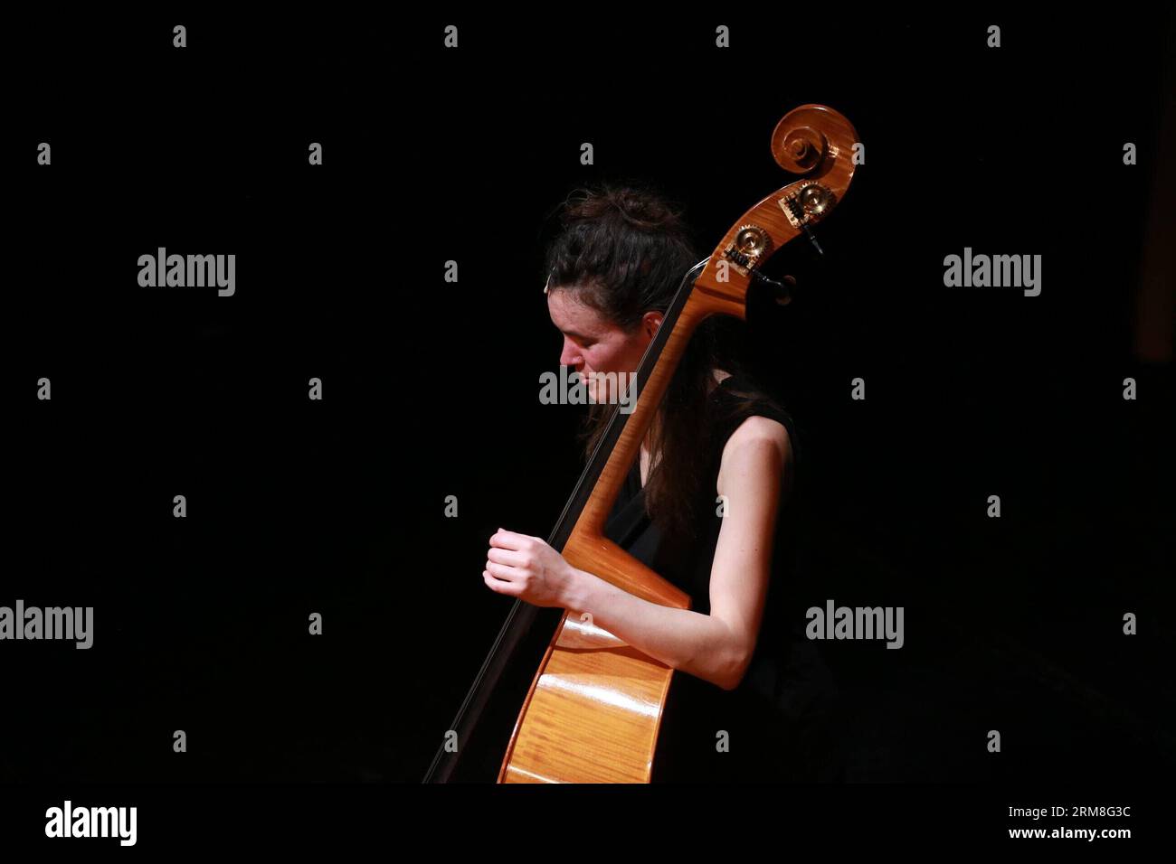 Pauline Dupuy spielt am 12. April 2014 französische Chansons von Georges Brassens am Internationalen Theater in Frankfurt. Zu den swingenden Klängen ihres Kontrabasses interpretierte Pauline Dupuy Georges Brassens, den Meister des literarischen anspruchsvollen französischen Chansons, mit einer weiblichen Stimme und fügte seinen bekannten Texten am Samstagabend im International Theater eine neue Dimension hinzu. (Xinhua/Luo Huanhuan) GERMANY-FRANKFURT-FRENCH CHANSONS PUBLICATIONxNOTxINxCHN Pauline Dupuy spielt AM 12. April 2014 die französischen Chan Sons of Georges Brassens AM Internationalen Theater in Frankfurt Stockfoto