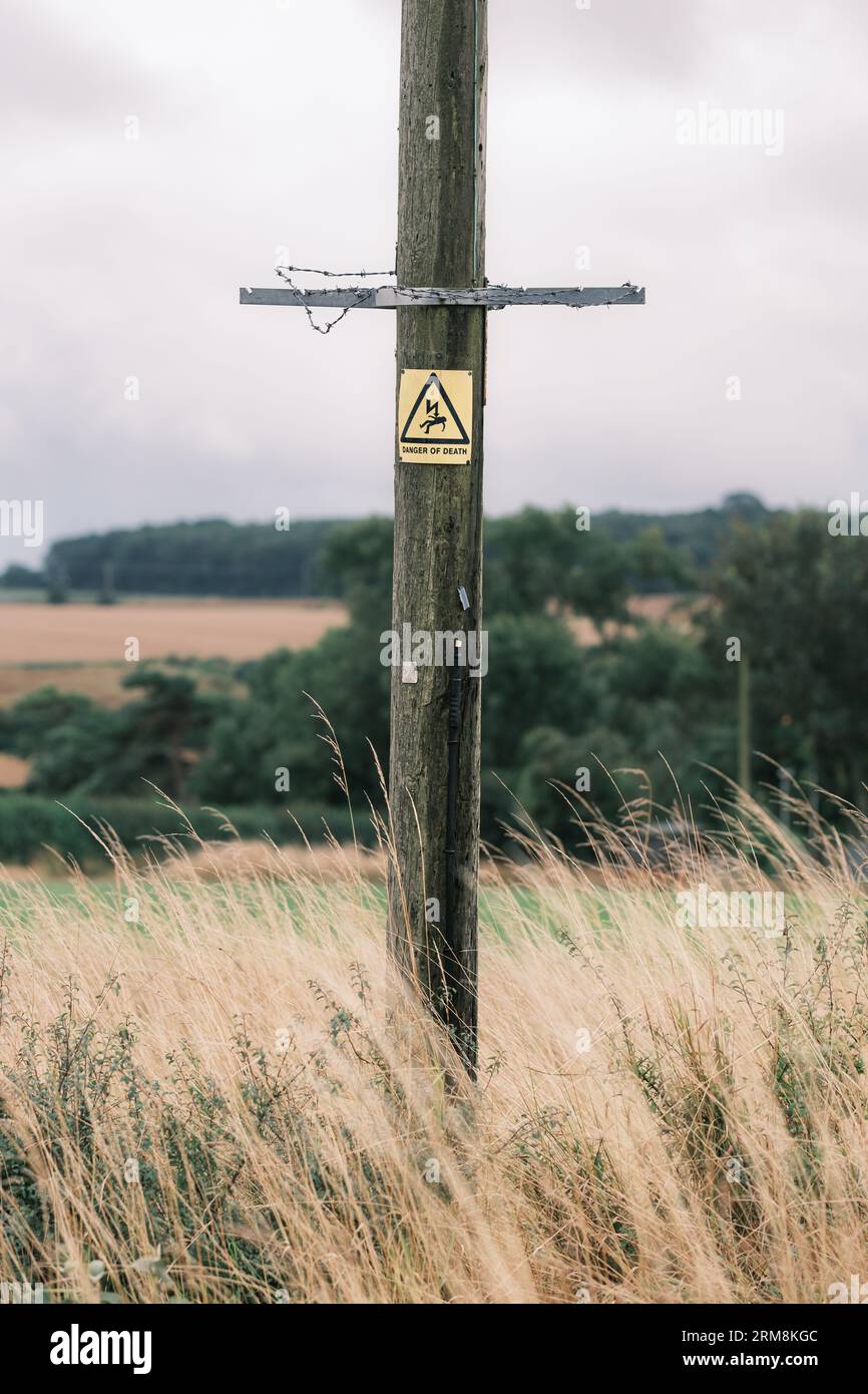 Warnschild „Todesgefahr“ an einem Telgraph-Pol mit Stromkabeln. Stockfoto