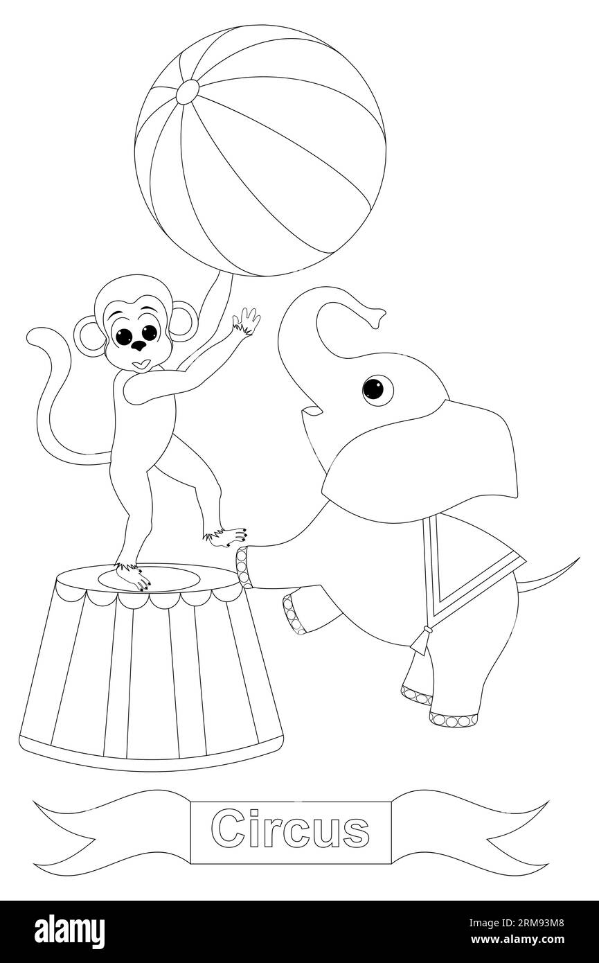 Elefanten- und Affenbabys spielen mit einem Ball. Malbuch-Seitenvorlage für Kinder .Vektor-Illustration Stock Vektor