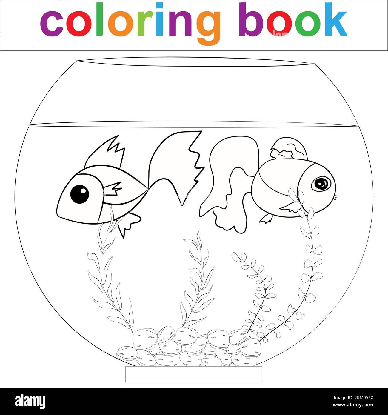 Es gibt zwei Fische, die in einem runden Aquarium schwimmen. Malbuch Seitenvorlage für Kinder .Vektor Illustration EPS 10. Stock Vektor