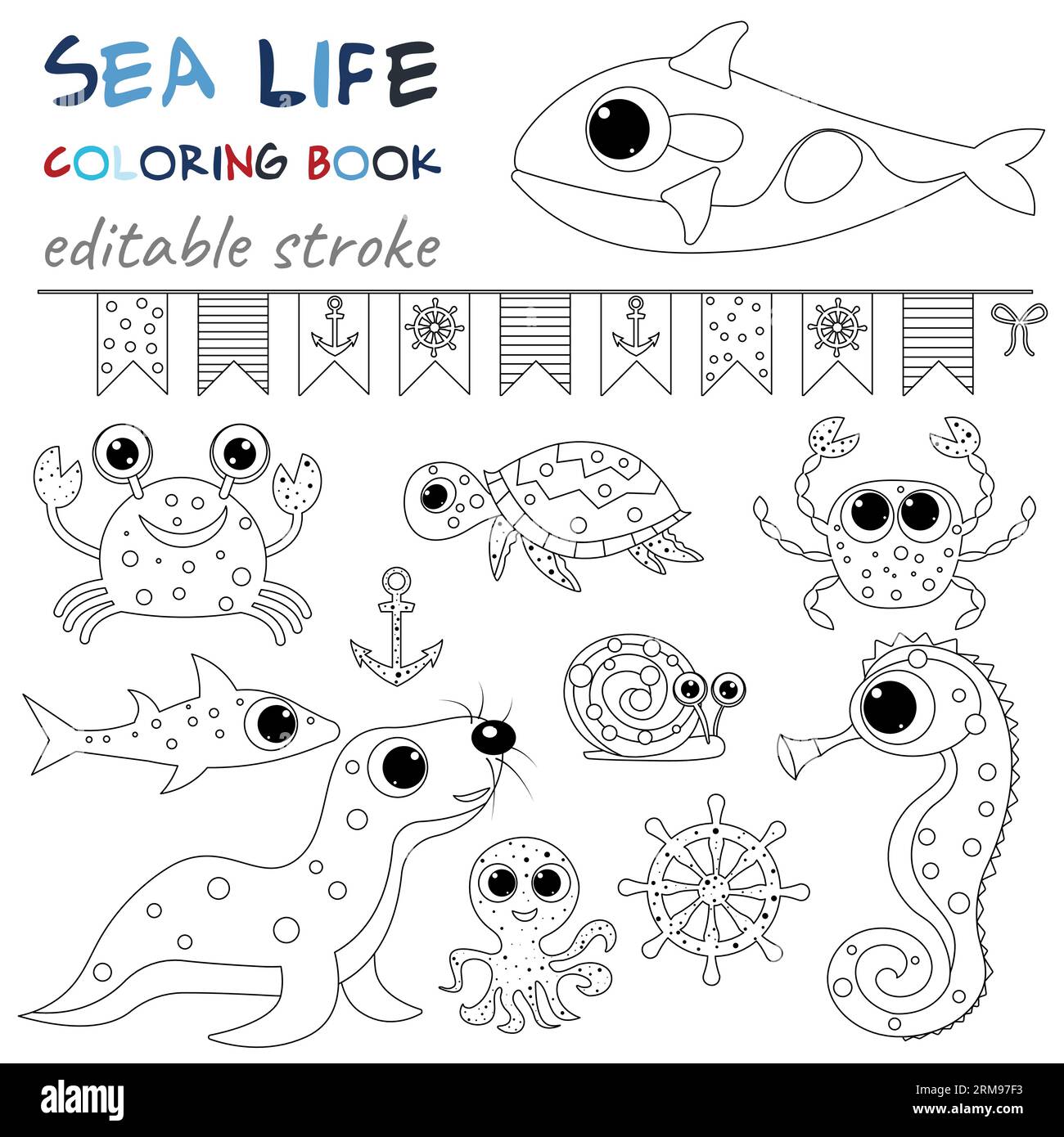 Meerestiere und Meeresflaggen. Originale Malseiten der Unterwasserwelt. Schwarz-weiß-Grafiken für die Kreativität von Kindern und Erwachsenen. Stock Vektor